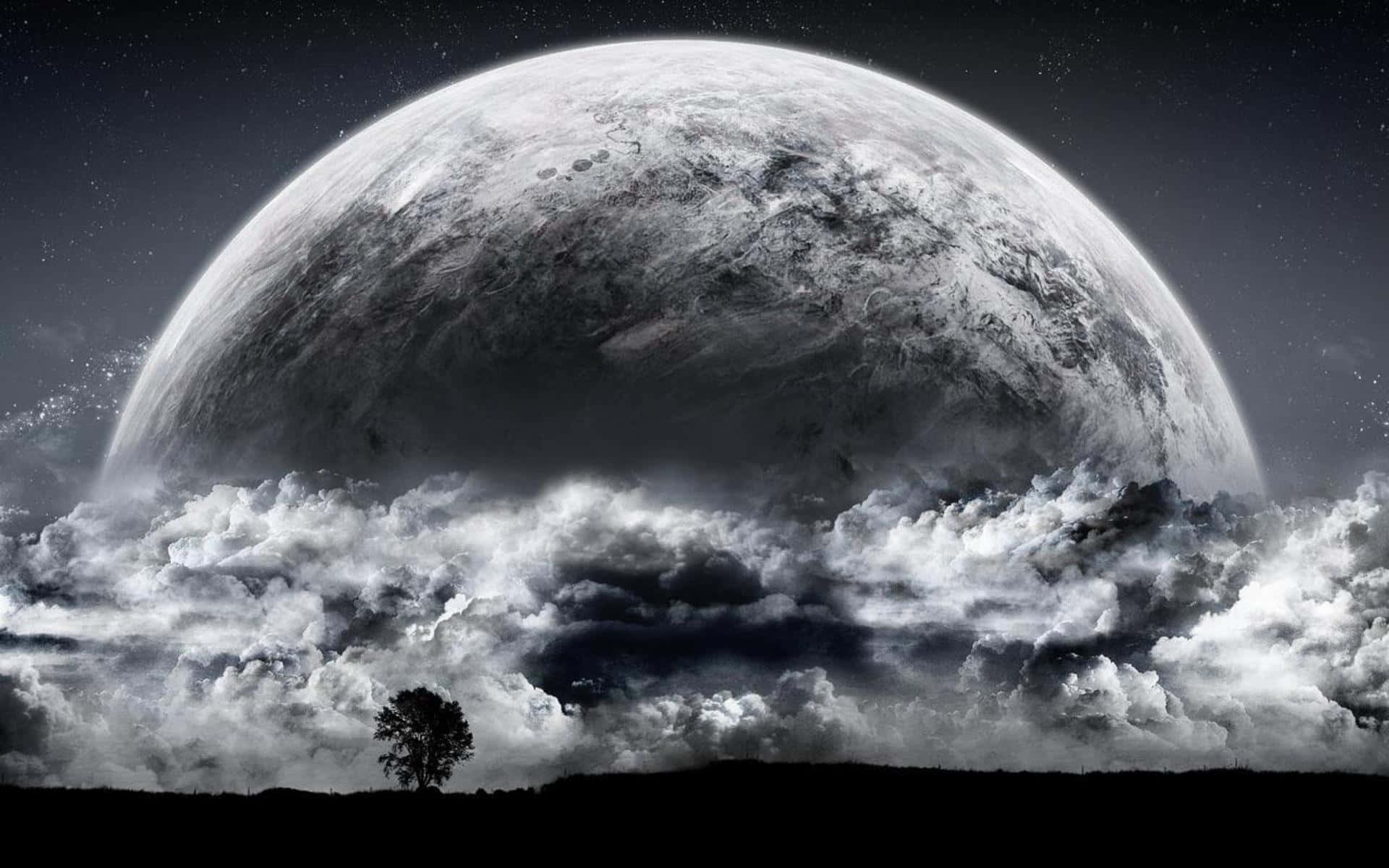 cratered moon, swirling clouds, starry night sky, Full HD Desktop Wallpaper