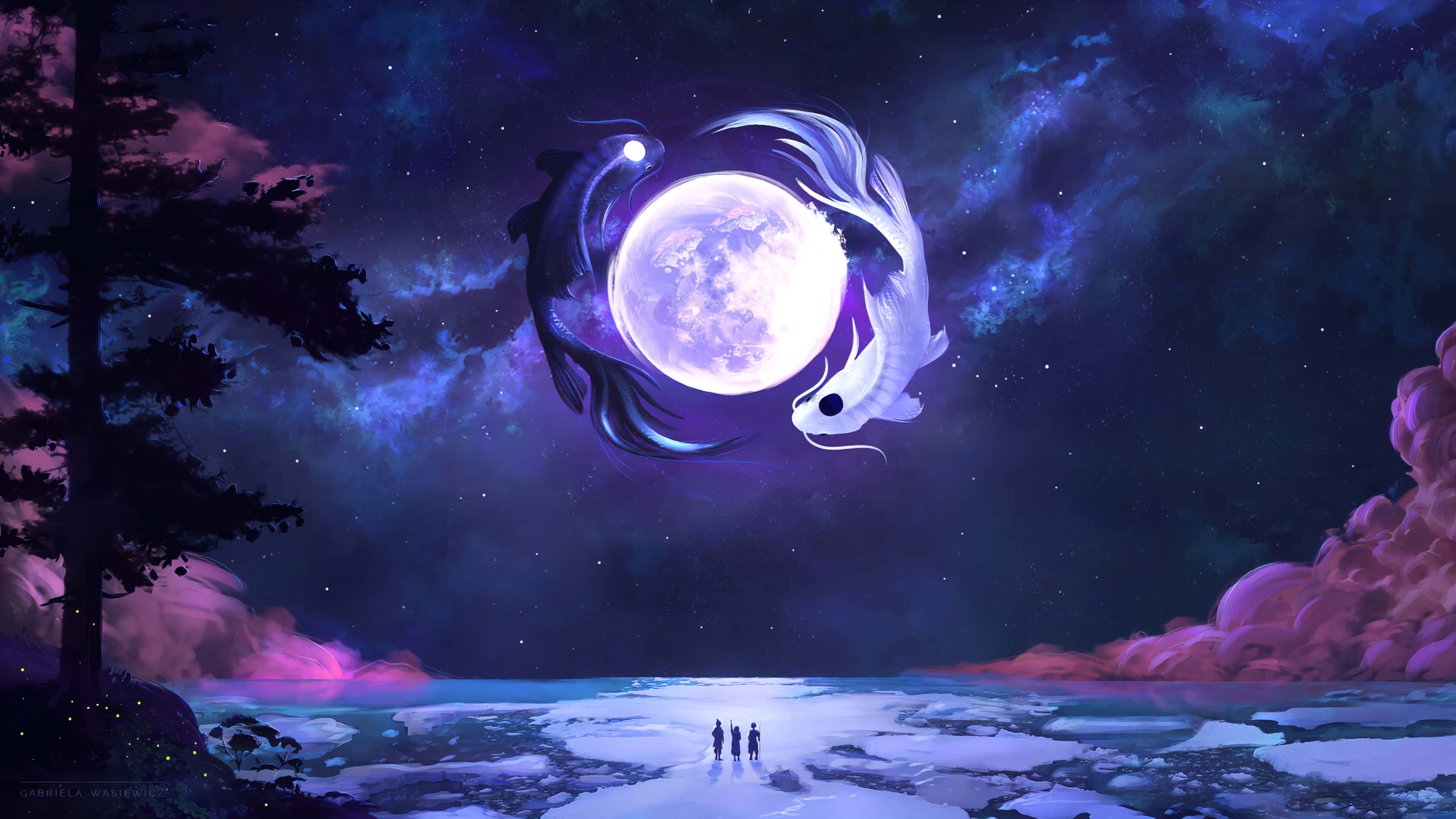 Cool Moon, yin yang fish, glowing moon, 4K Desktop Wallpaper