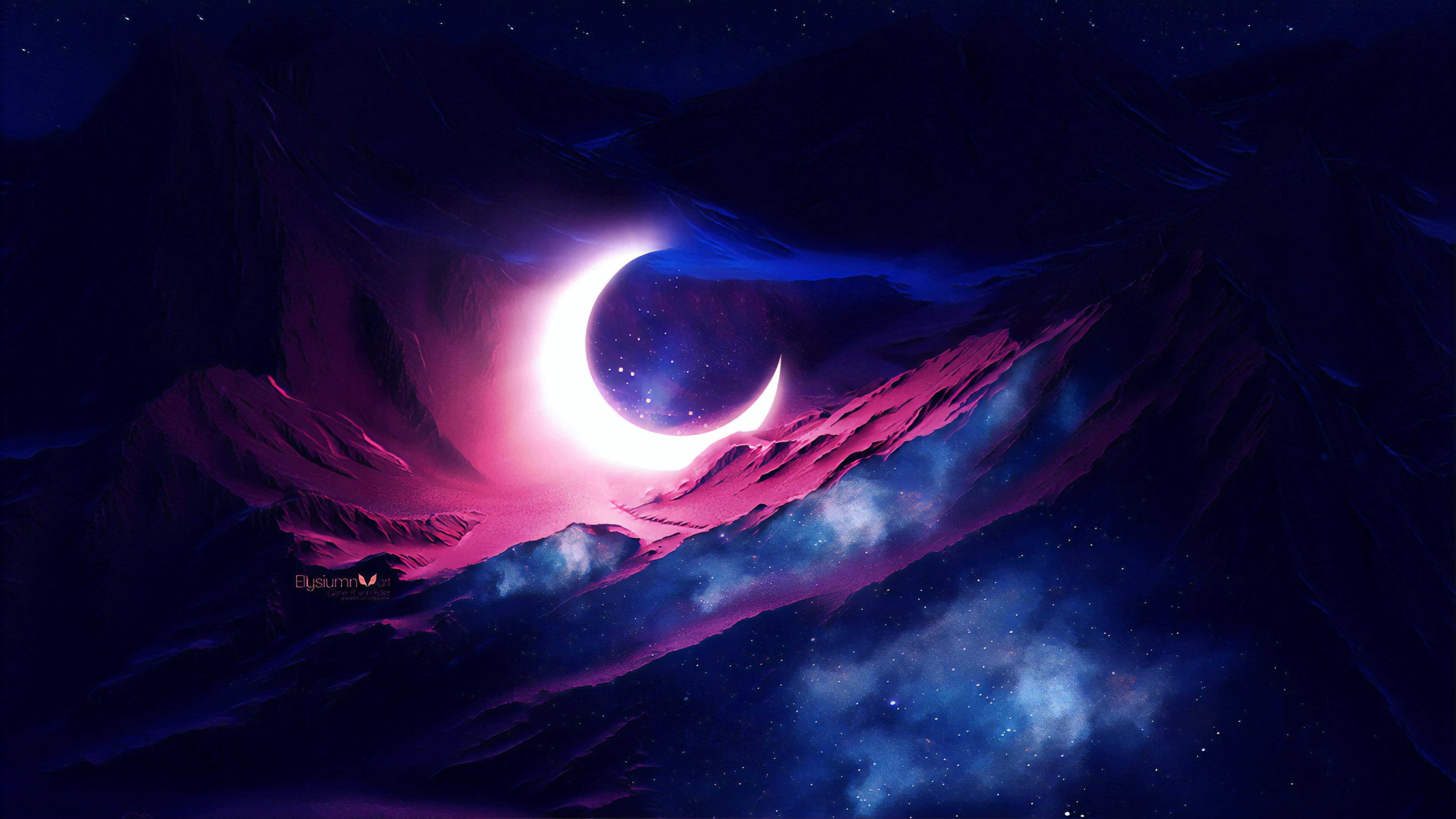 Cool Moon, cosmic eclipse, jagged mountains, 5K Desktop Wallpaper