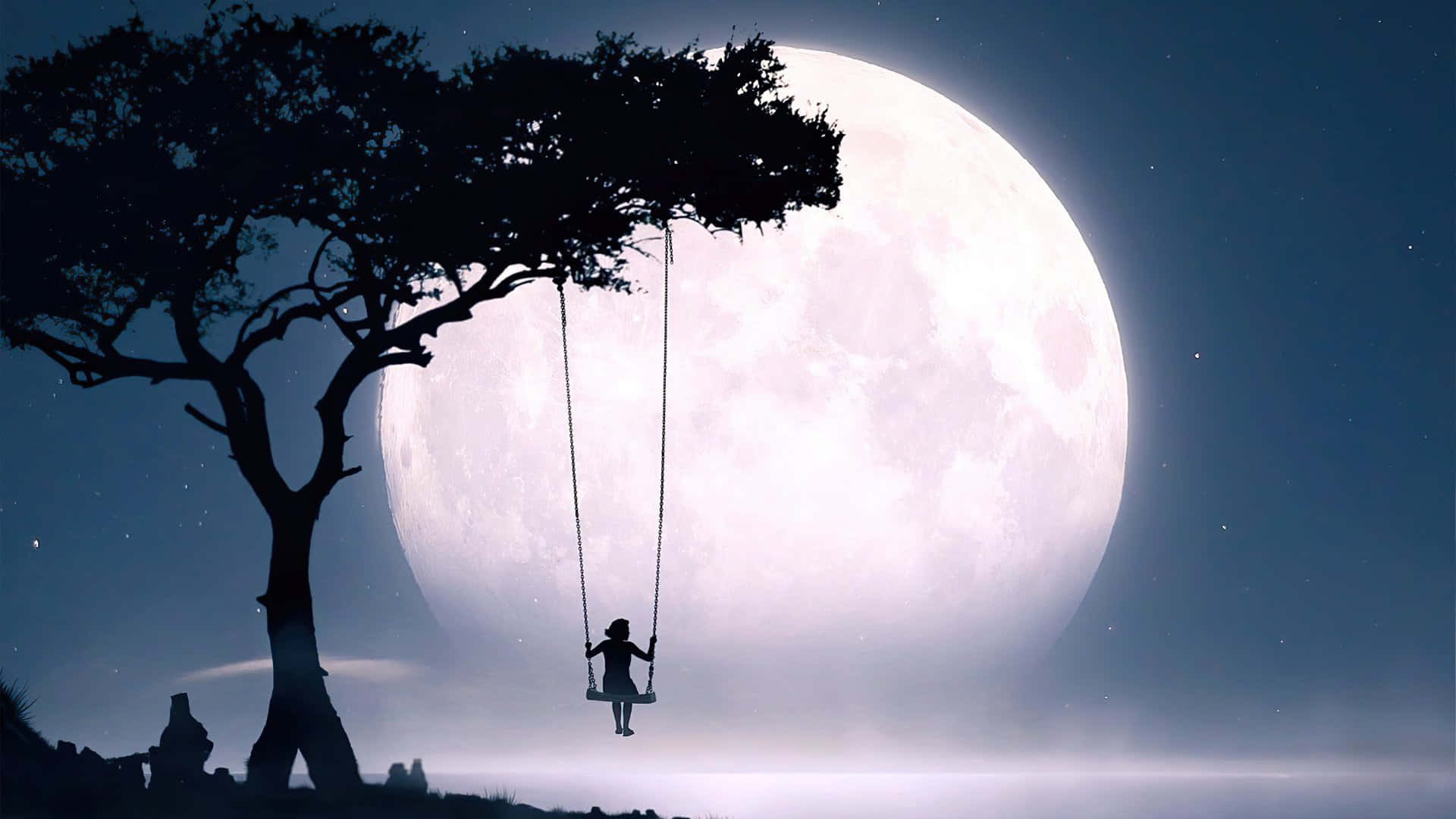 Cool Moon, girl on swing, giant moonlit tree, Full HD Desktop Wallpaper