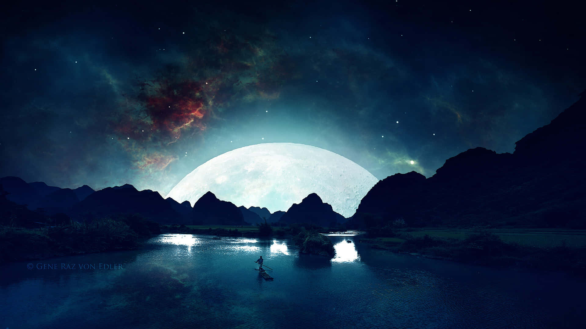 Cool Moon, giant moonlit sky, vibrant nebulae, Full HD Desktop Wallpaper