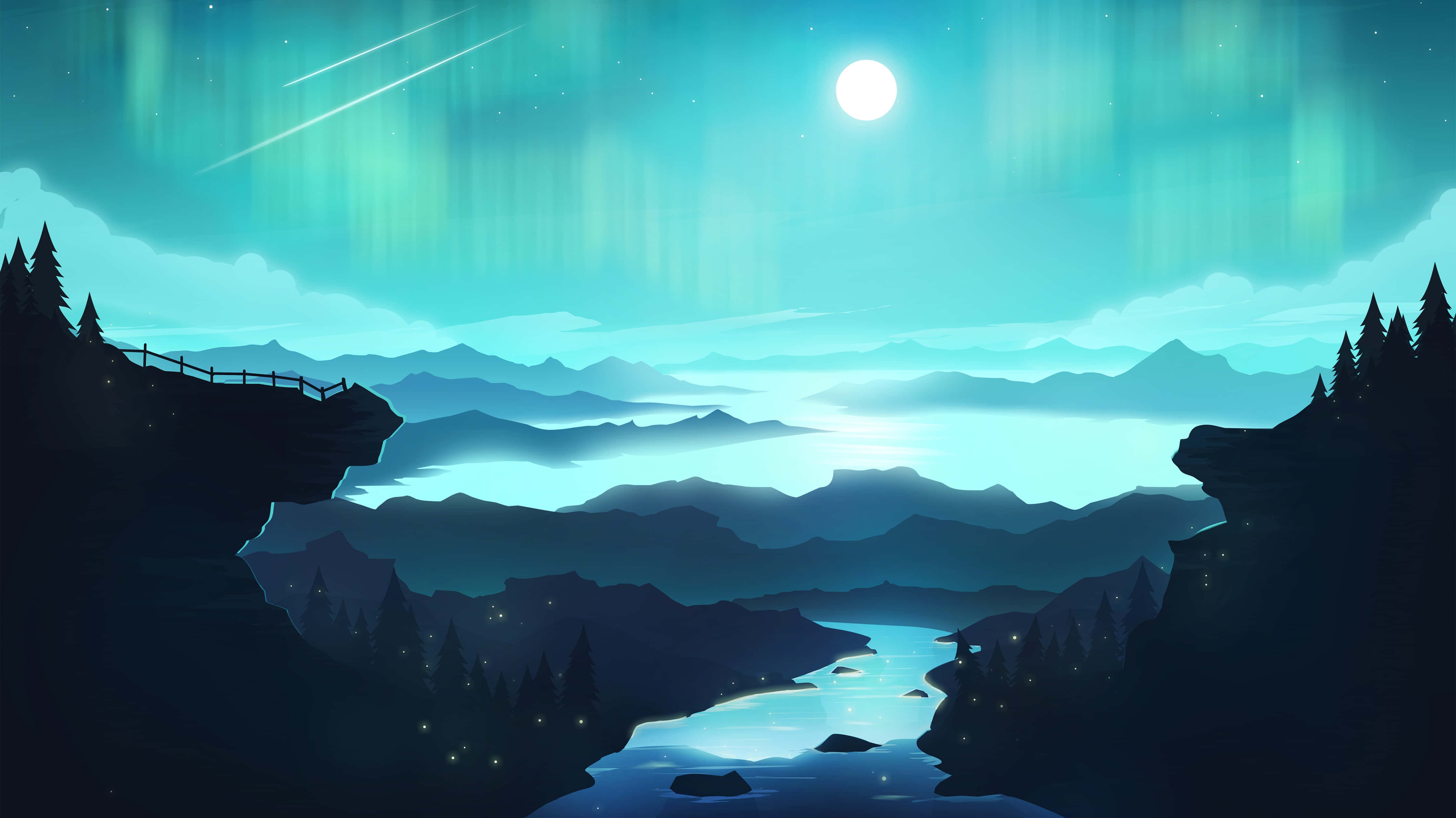Cool Moon, auroras, moonlit valley, 4K Desktop Wallpaper