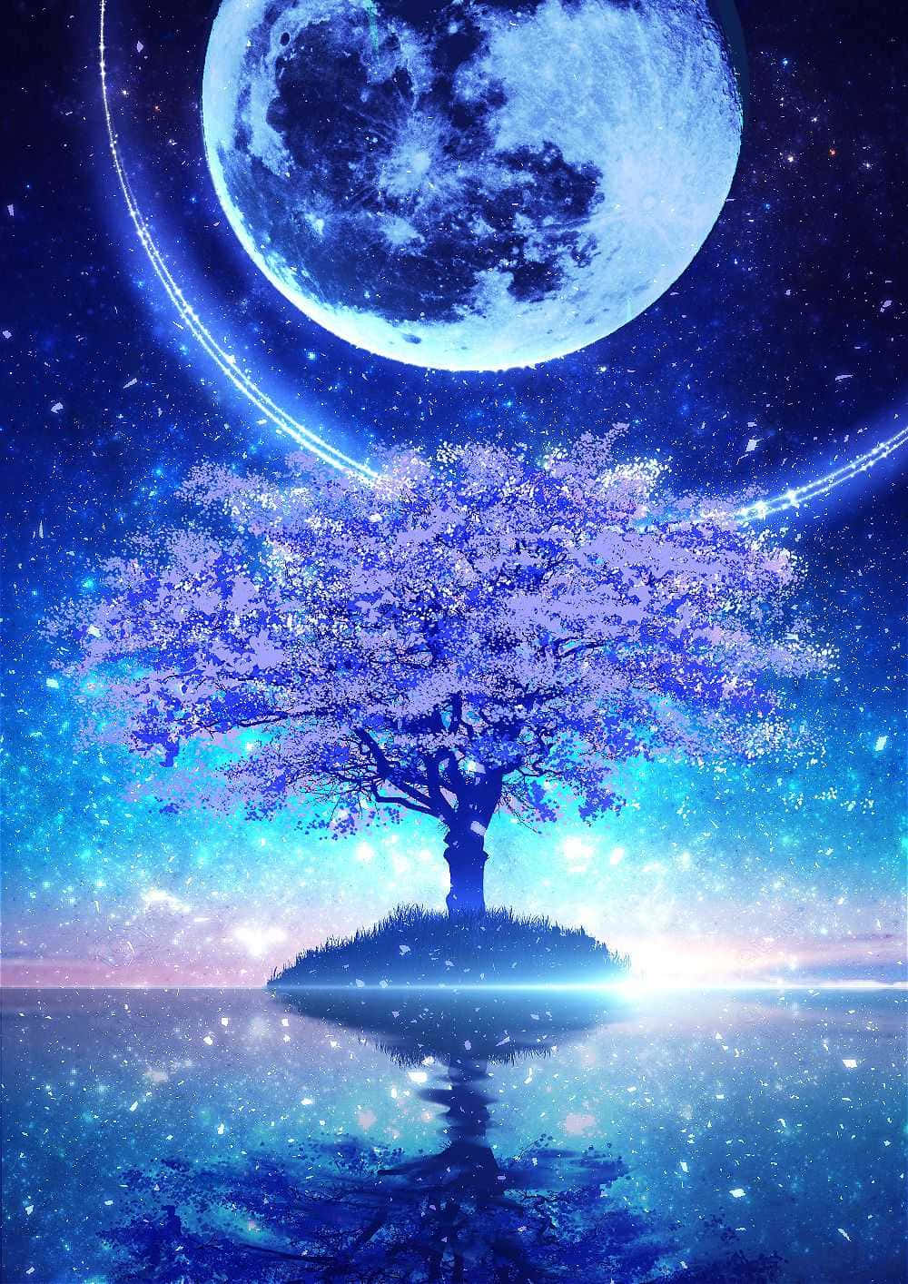 Cool Moon, cherry blossom tree, small island, HD Phone Wallpaper