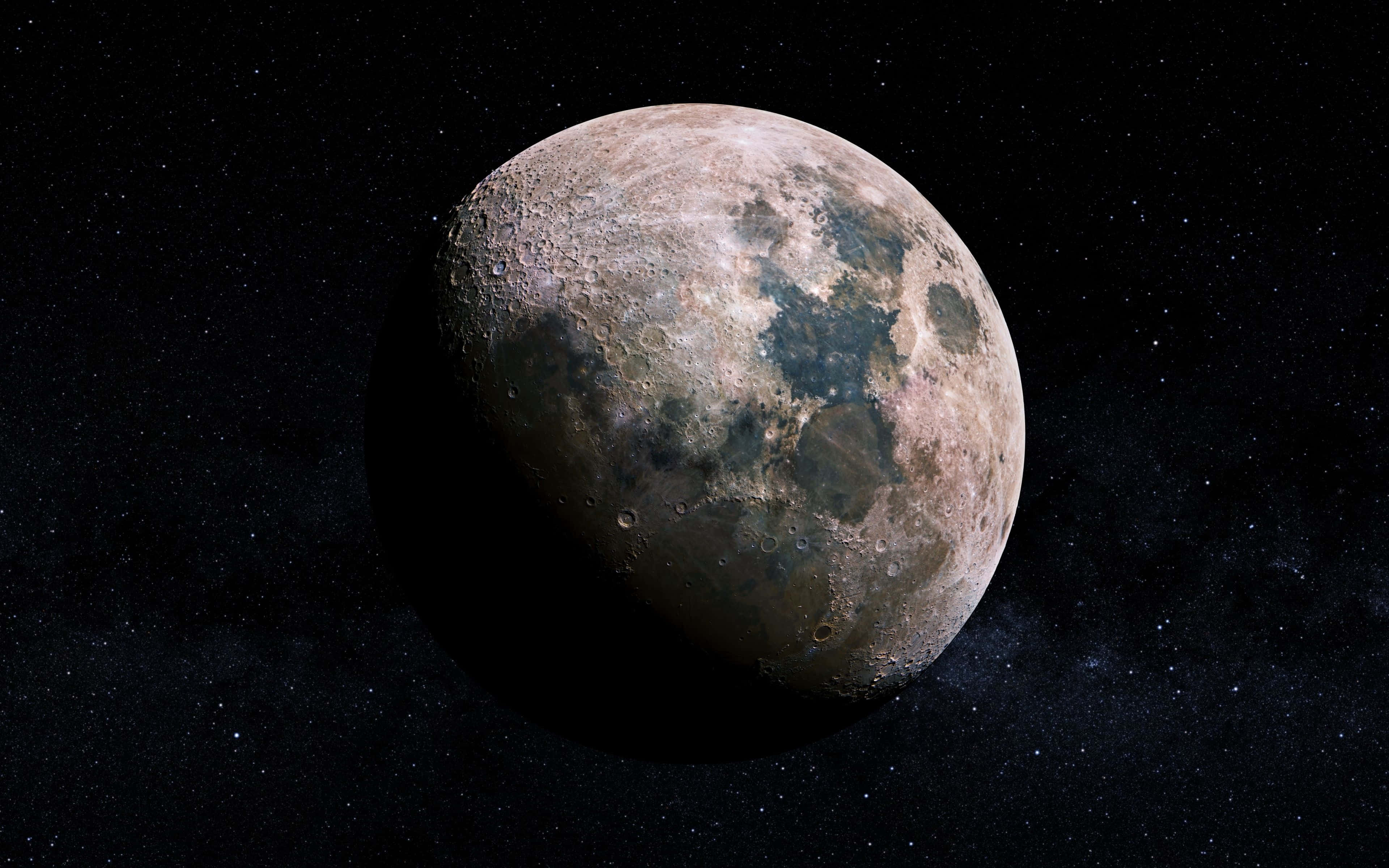 Cool Moon, cratered surface, star-filled black sky, 4K Desktop Wallpaper