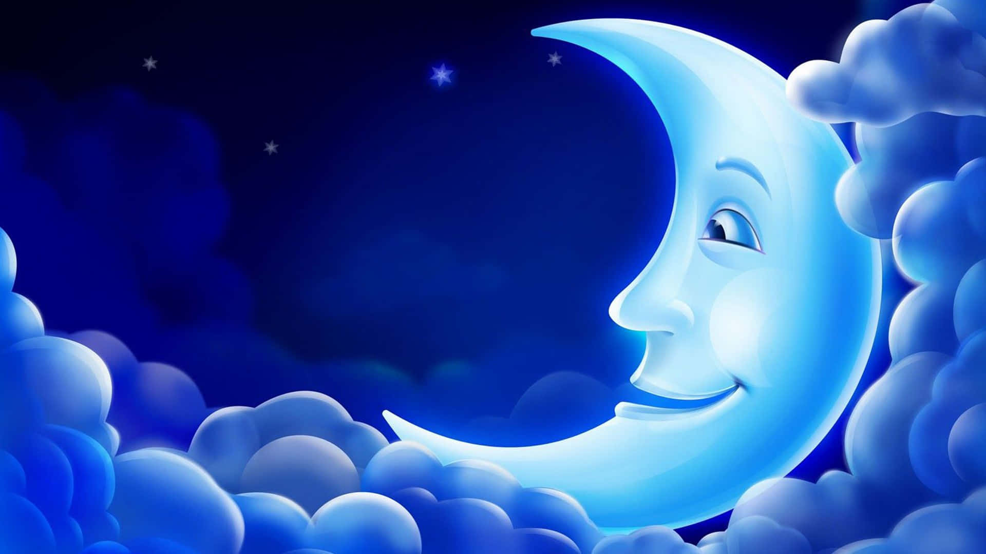 smiling crescent moon, fluffy blue clouds, starry night sky, Full HD Desktop Wallpaper