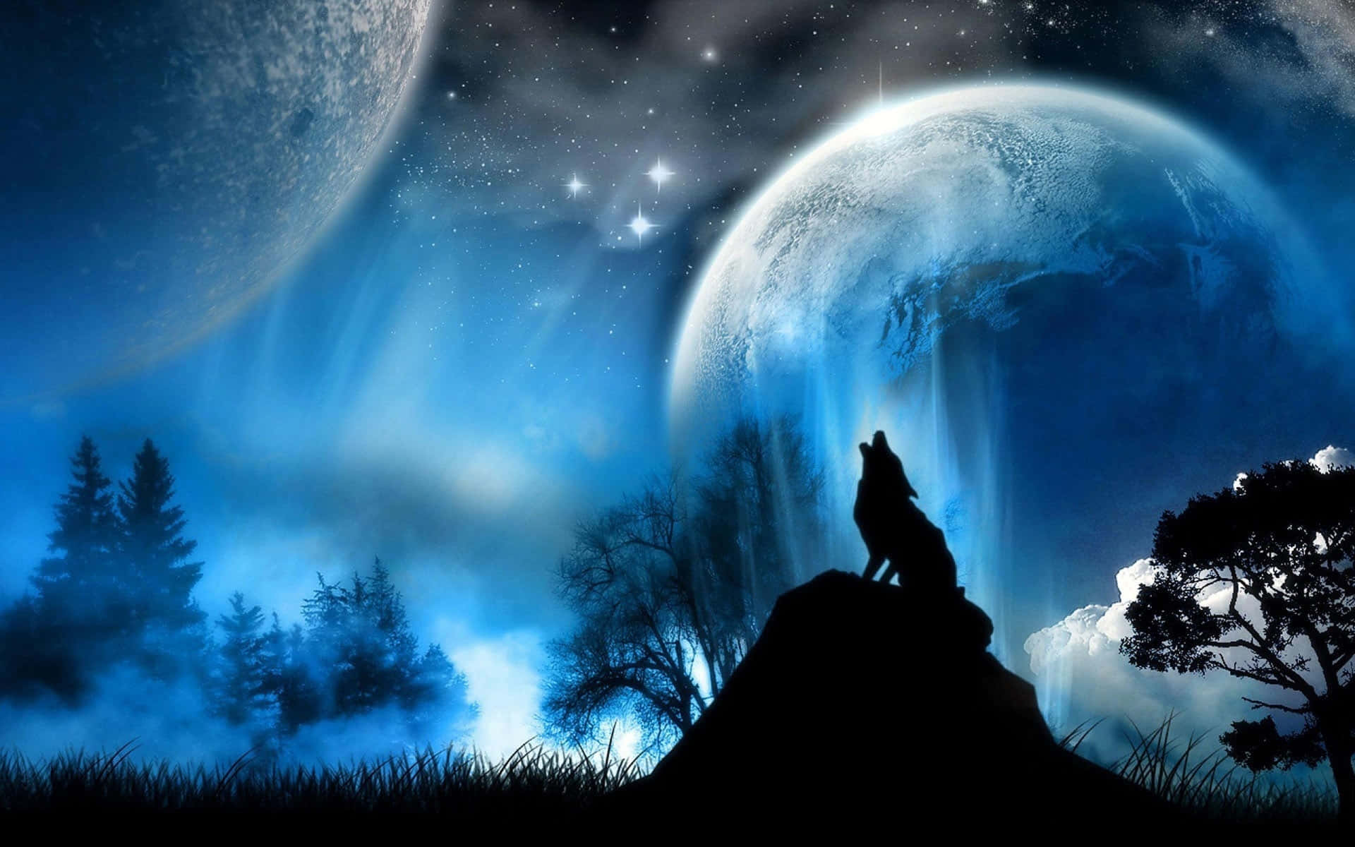 Cool Moon, rocky hill, starry sky, Full HD Desktop Wallpaper
