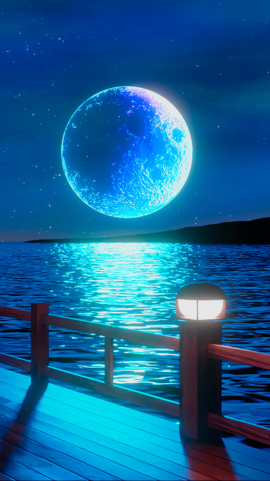 glowing blue moon, calm waters, starry night sky, HD Phone Wallpaper