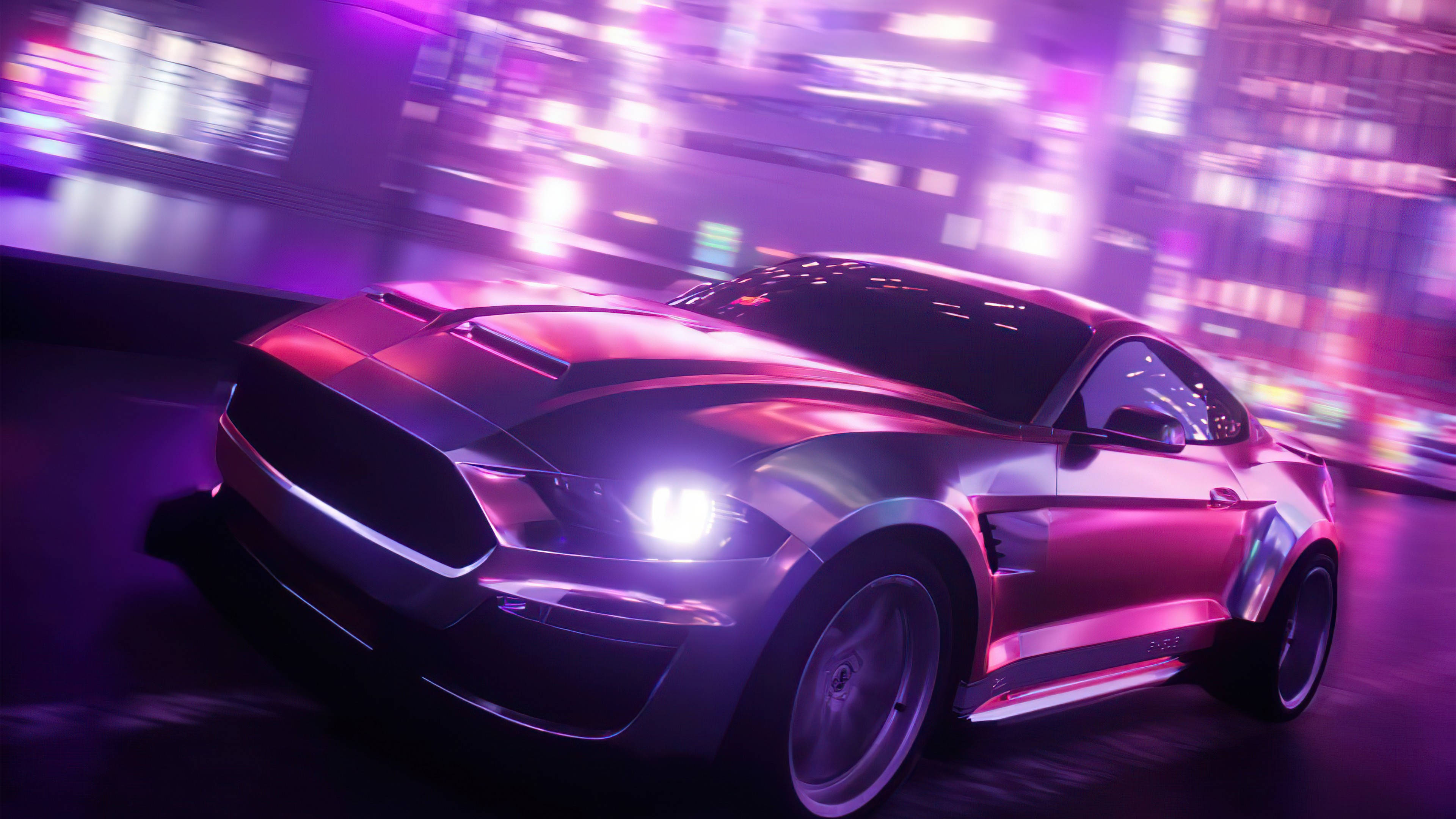 Cool Mustang, silver, neon-drenched cityscape, 4K Desktop Wallpaper