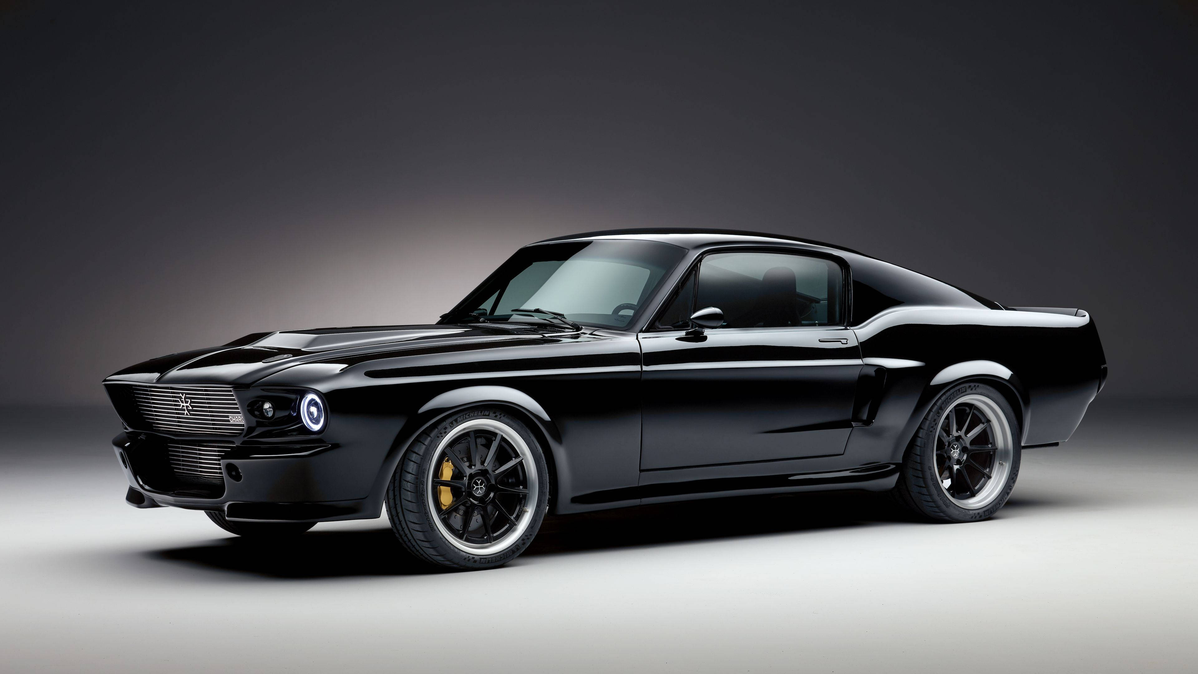 Cool Mustang, black, yellow brake calipers, 4K Desktop Wallpaper