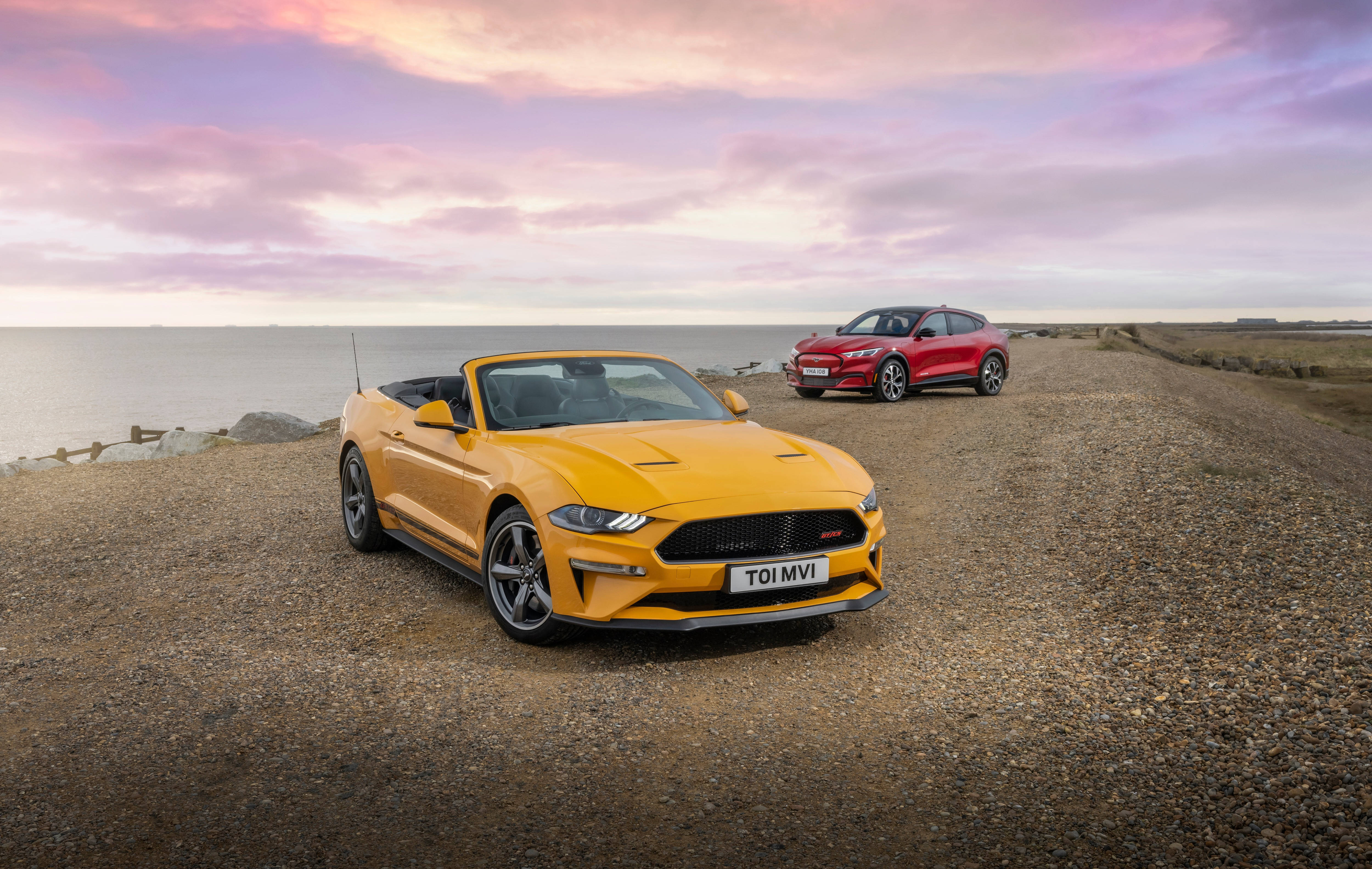 Cool Mustang, yellow convertible, red coupe, 4K Desktop Wallpaper
