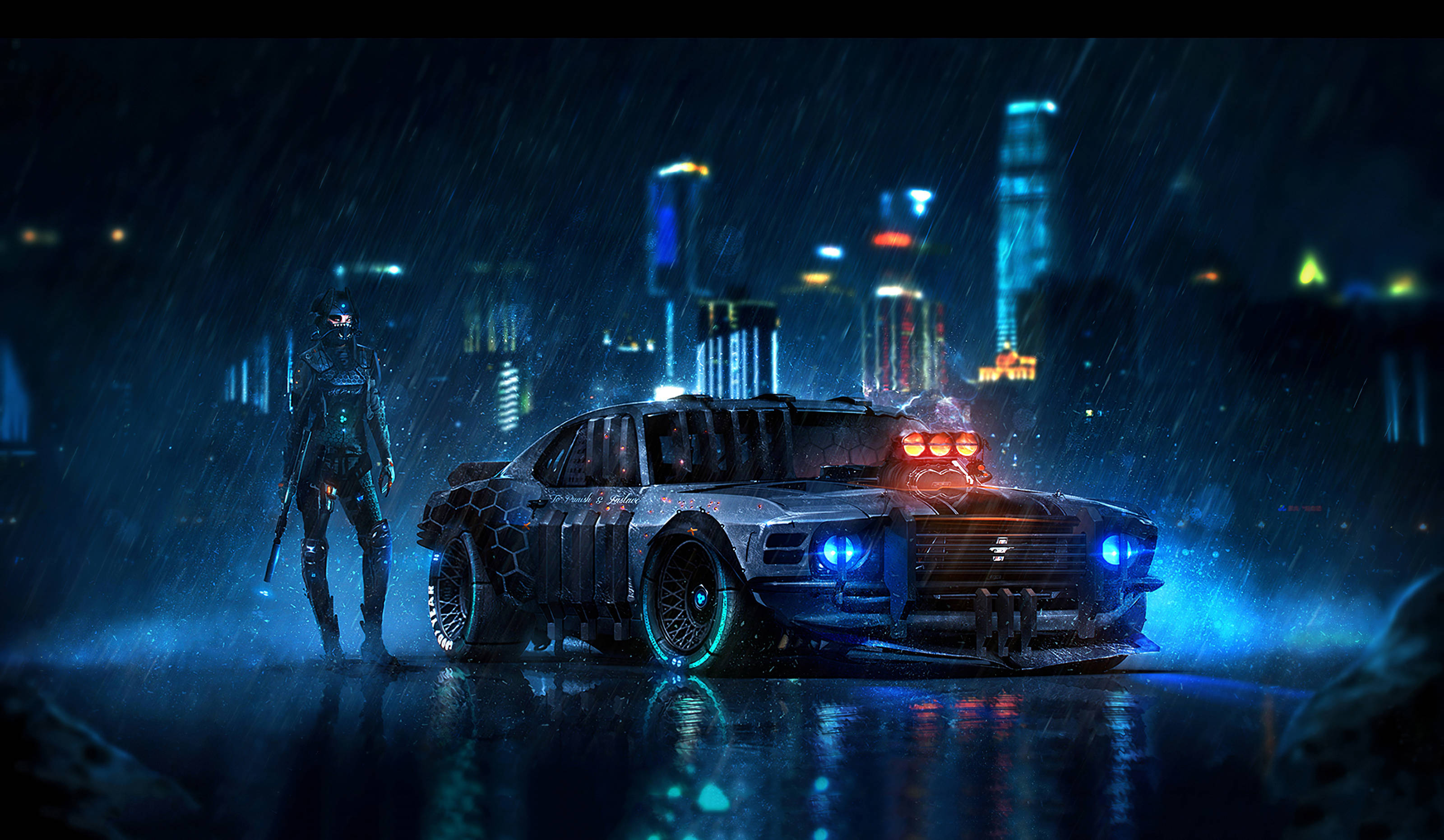 Futuristic Cool Mustang, cyberpunk warrior, glowing futuristic car, 2K Desktop Wallpaper