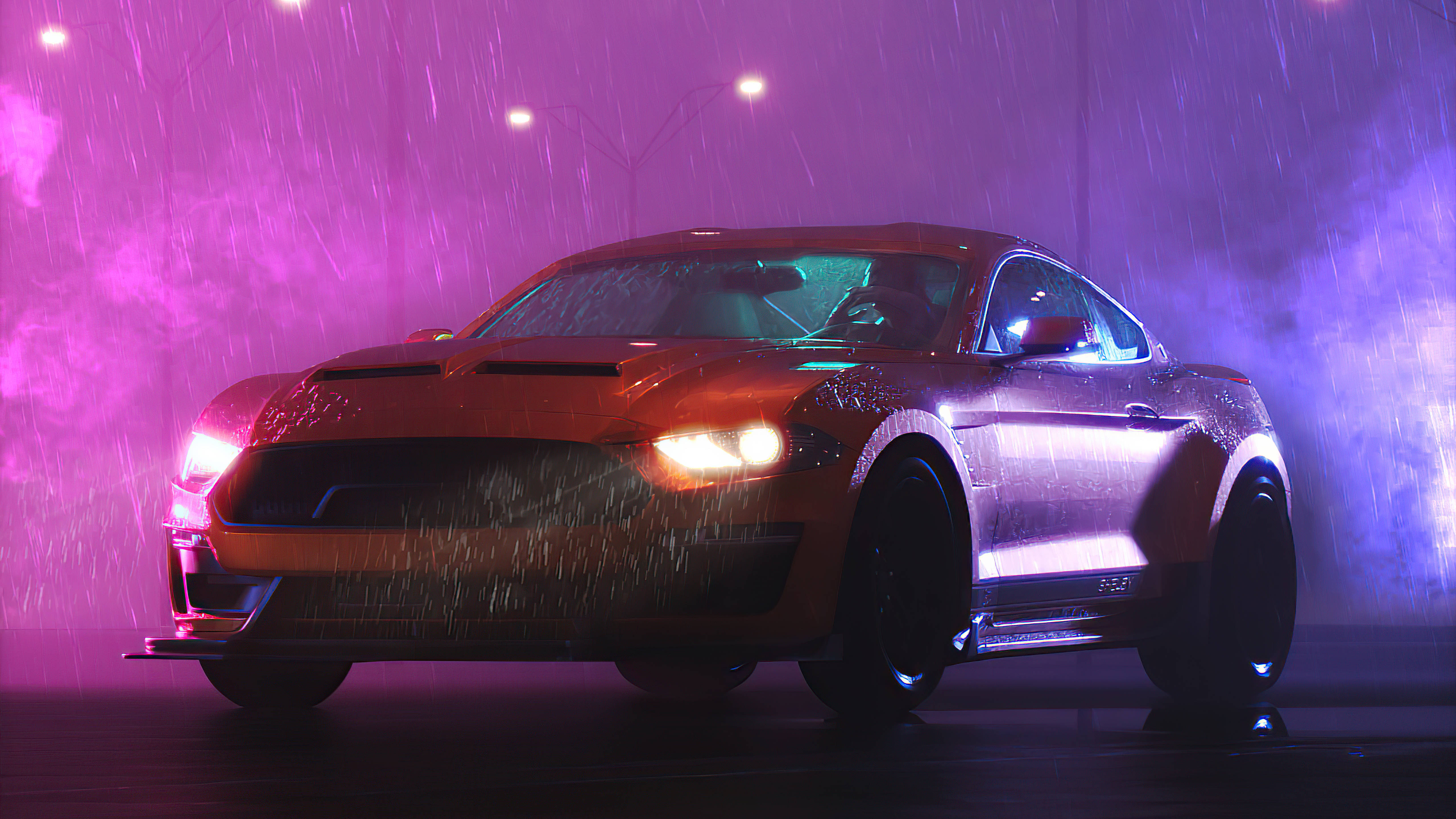 Cool Mustang, fiery orange, neon purple lights, 5K Desktop Wallpaper