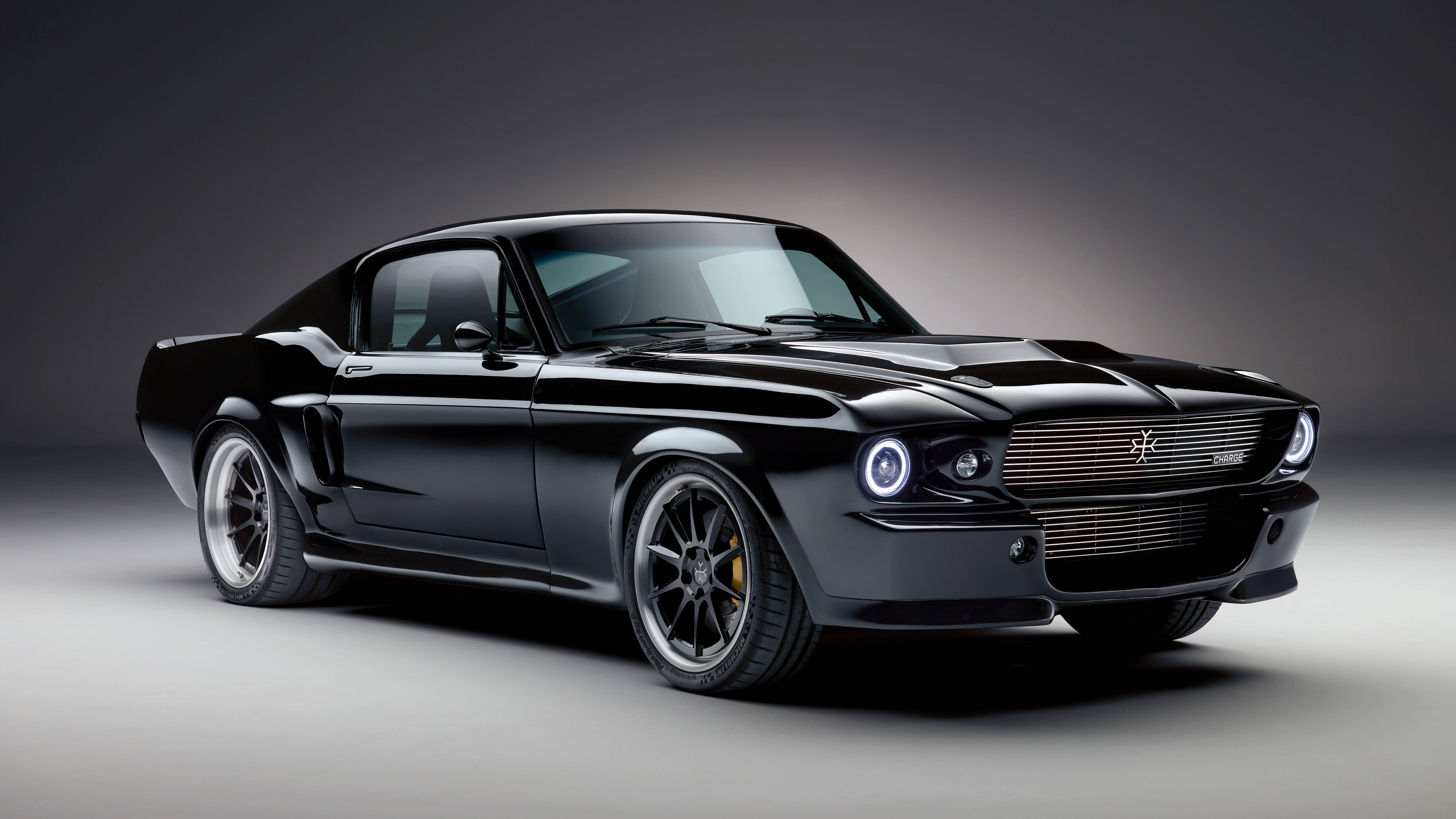 Cool Mustang, black, glowing headlights, 5K Desktop Wallpaper
