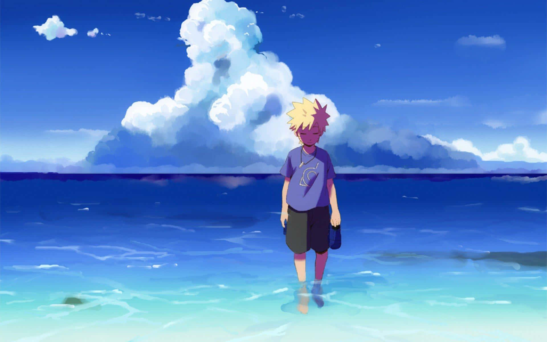 Naruto, spiky-haired anime boy, turquoise ocean water, Full HD Desktop Wallpaper