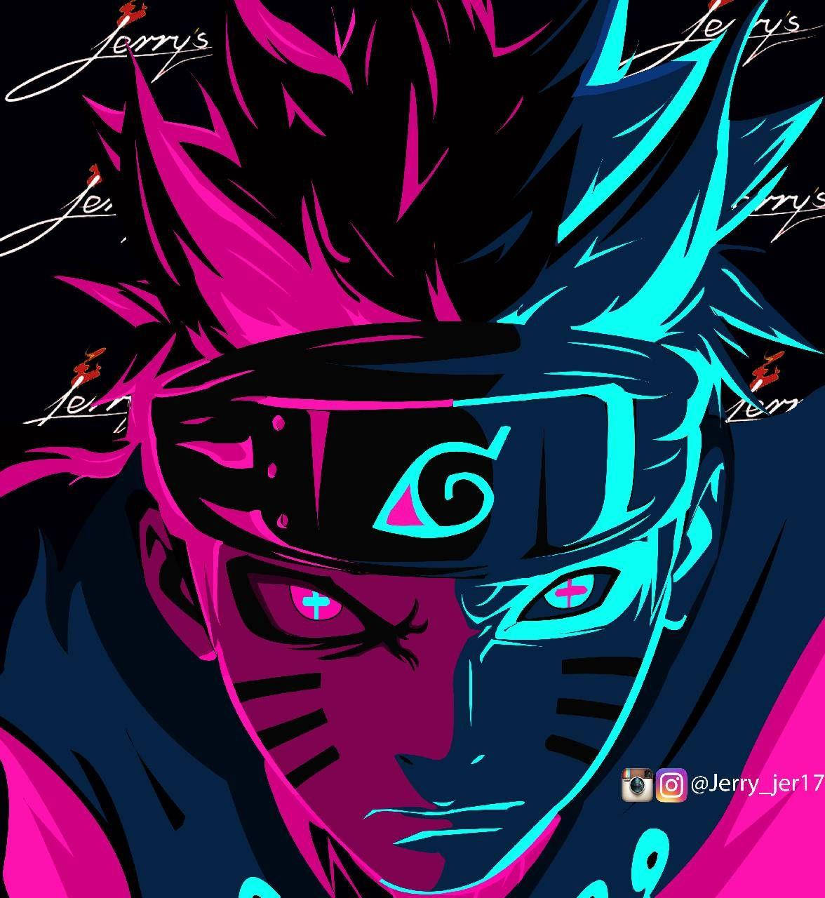 Naruto, neon fanart, half-pink half-cyan hair, HD Phone Wallpaper
