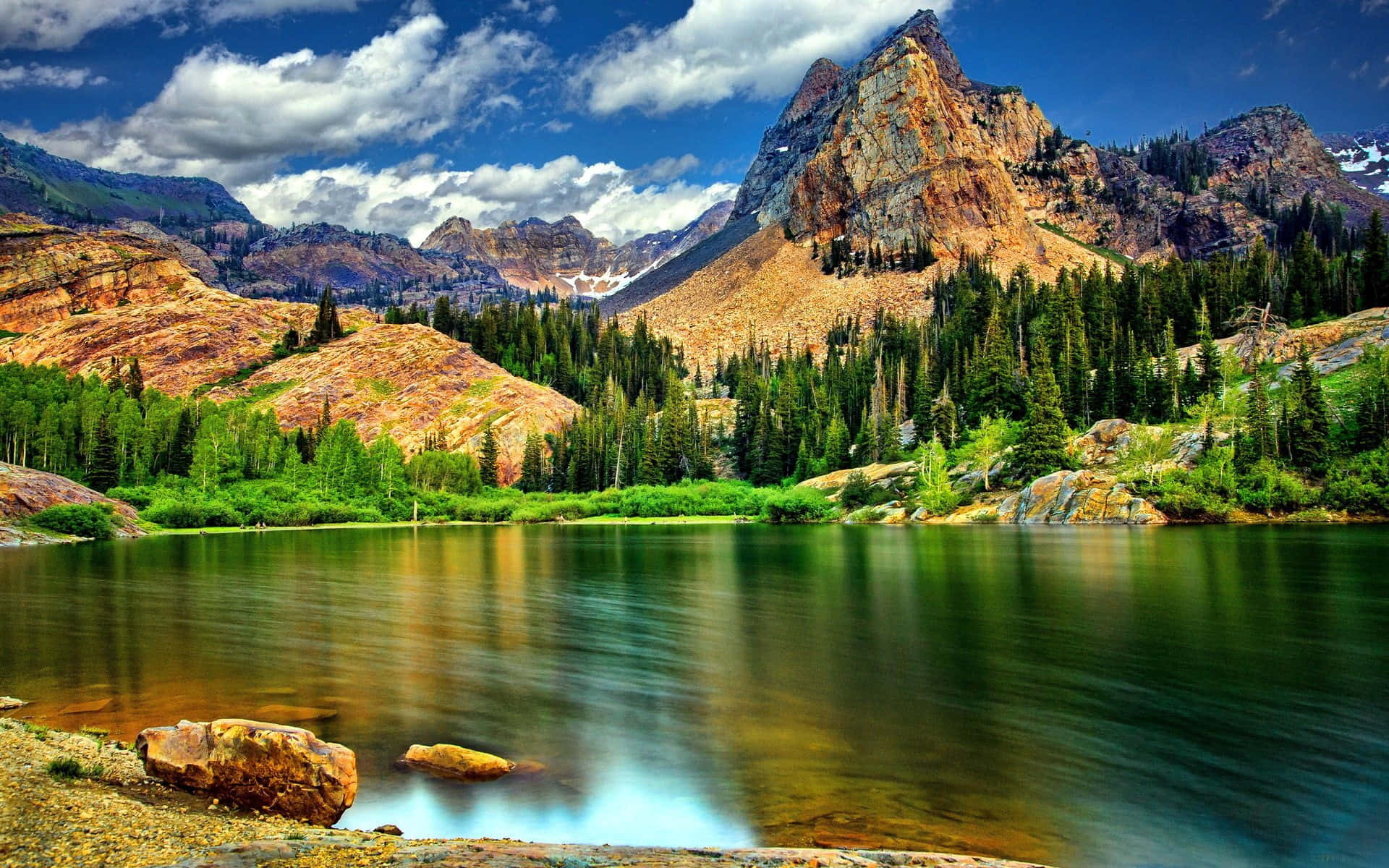 alpine lake, rocky peaks, pine forests, Full HD Desktop Wallpaper