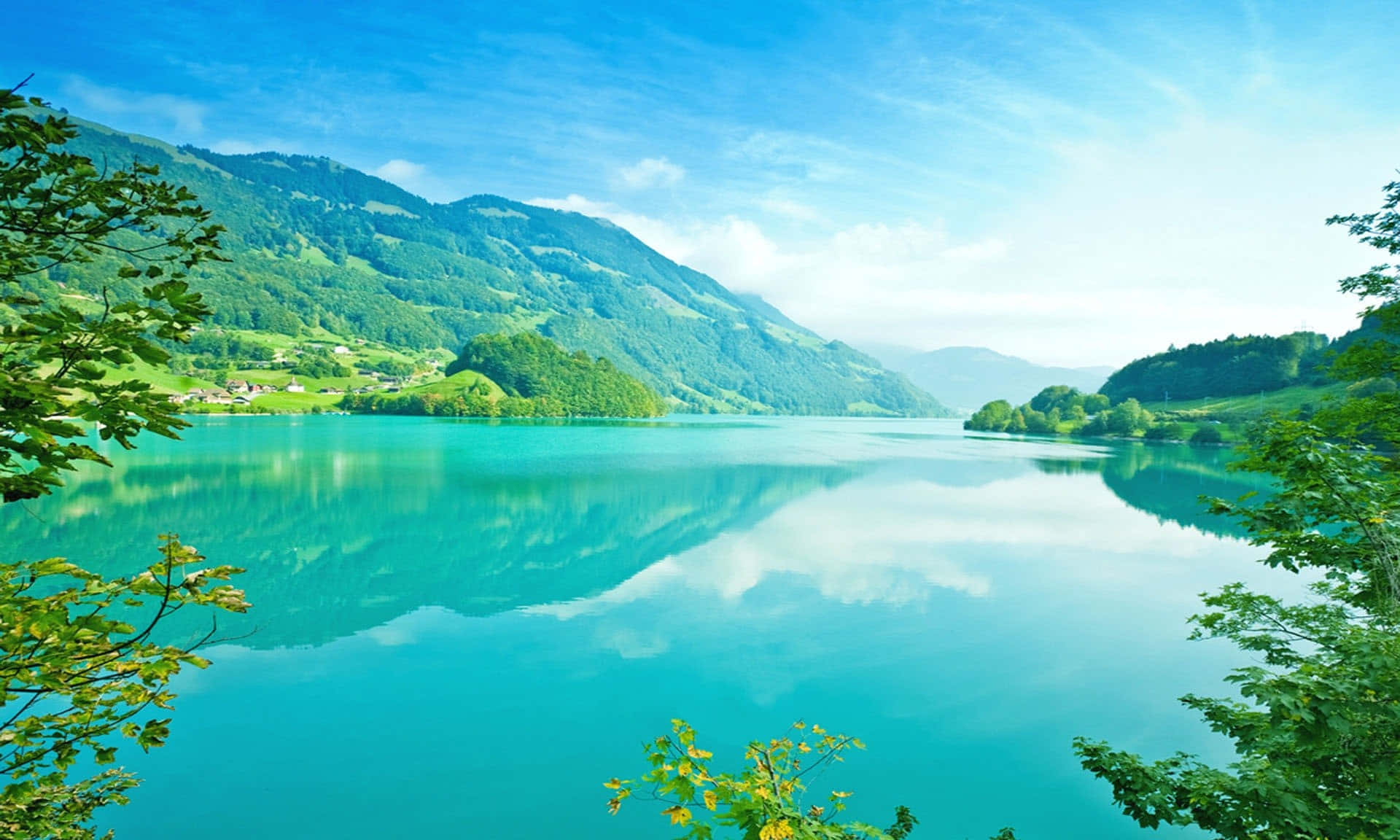 turquoise lake, lush green mountains, bright blue sky, Full HD Desktop Wallpaper