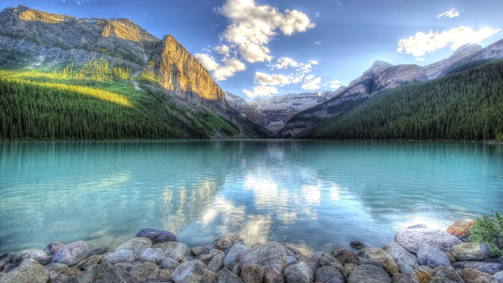 turquoise lake, snow-capped mountains, fluffy clouds, Full HD Desktop Wallpaper