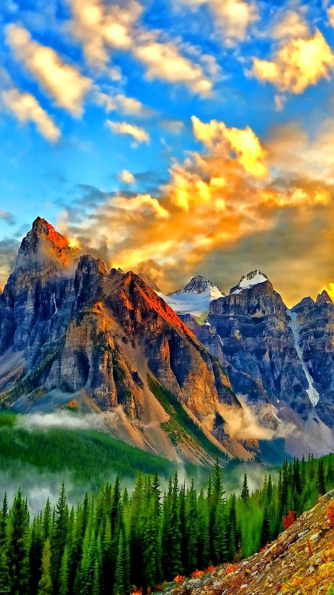 Sunset, snowcapped mountains, mist, Full HD Phone Wallpaper