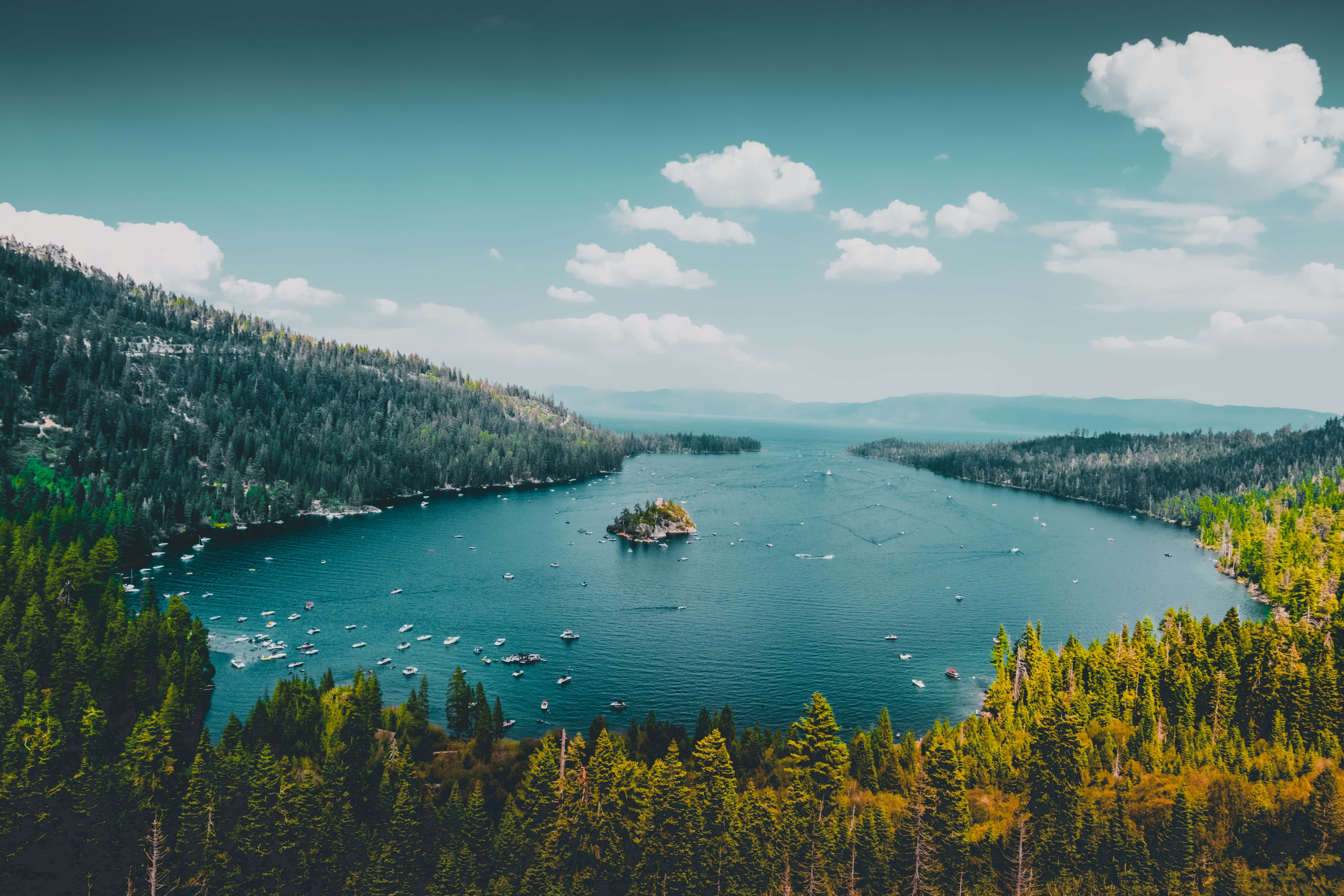 serene lake, dense forests, boats, 5K Desktop Wallpaper