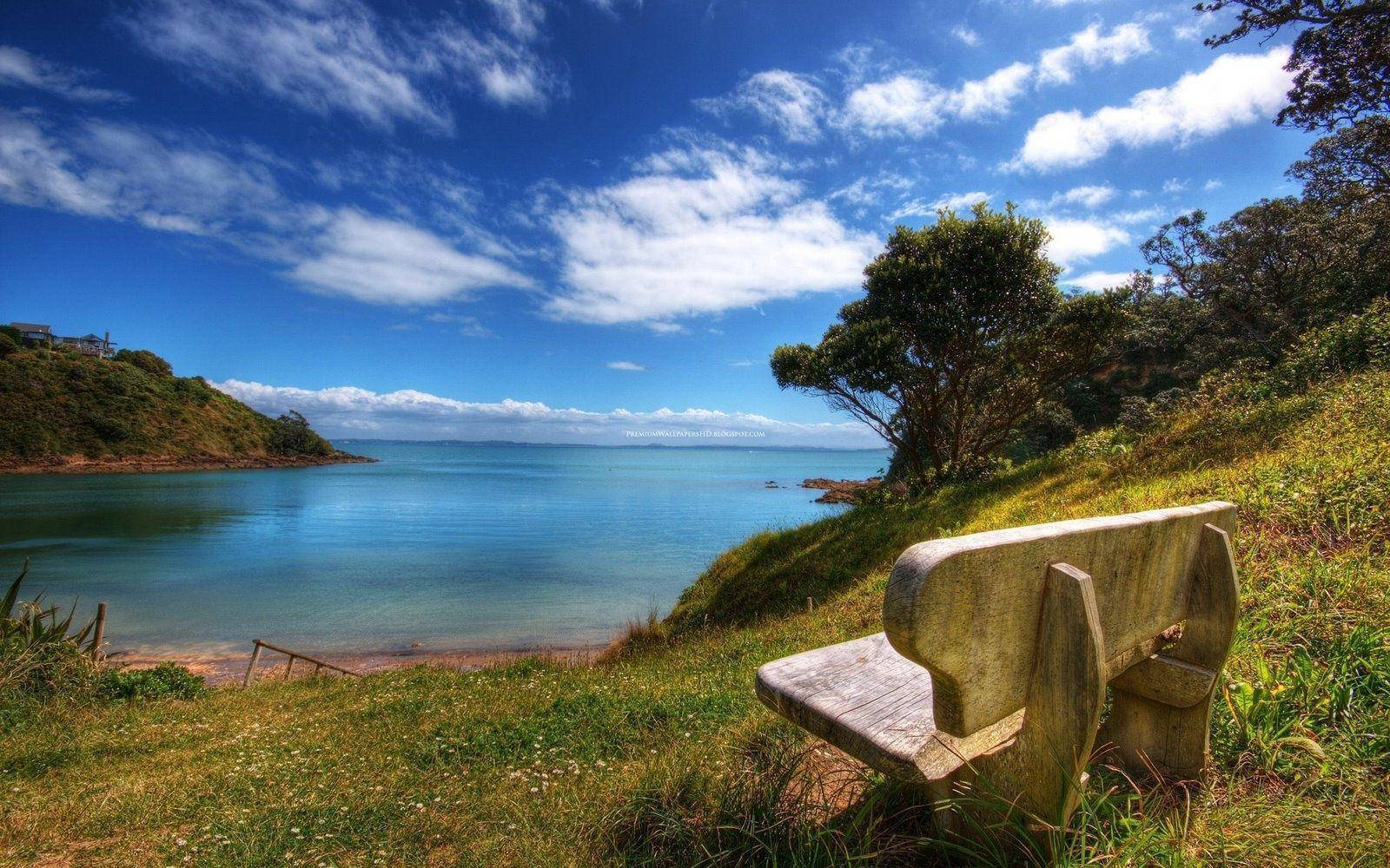wooden bench, grassy cliff, calm turquoise bay, HD Desktop Wallpaper