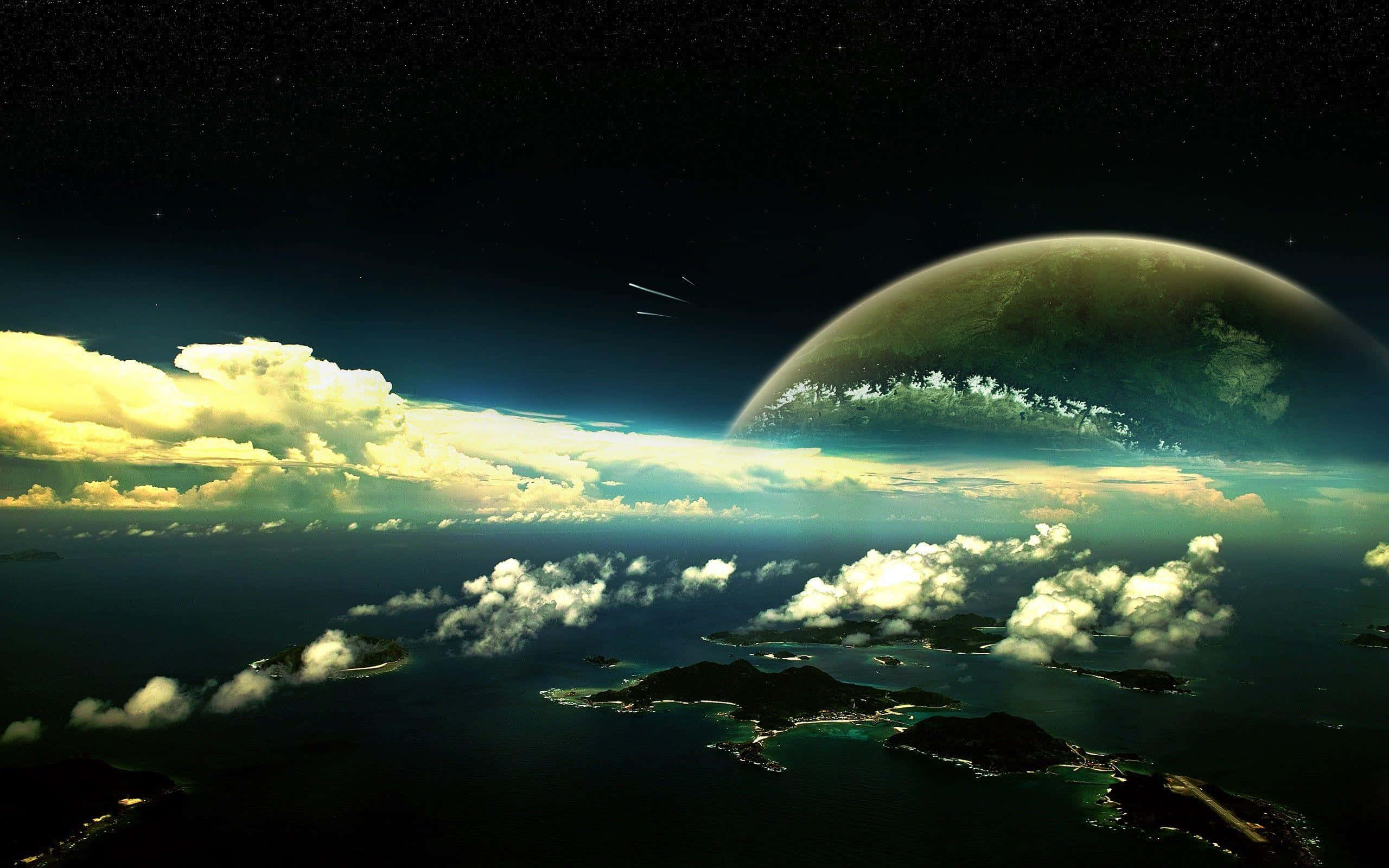 Serene Nature Ambience, surreal space vista, planet rising, 2K Desktop Wallpaper