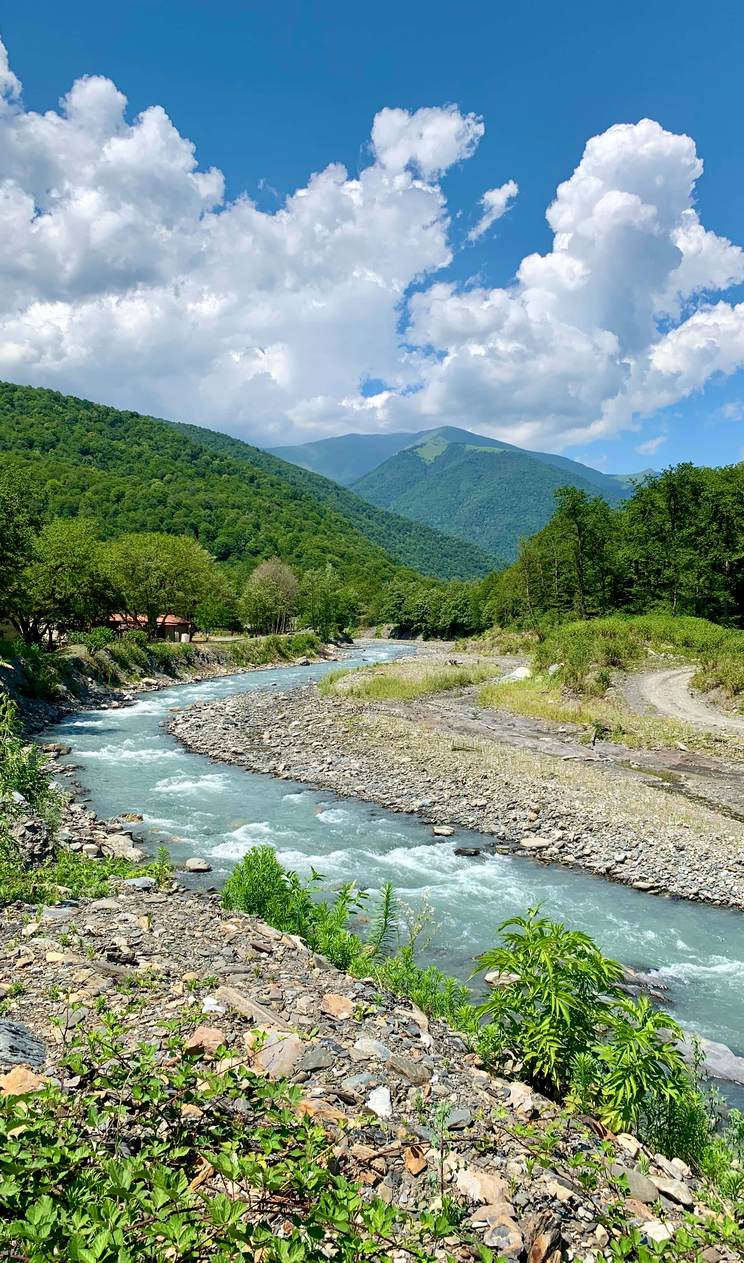 turquoise river, lush green valley, bright blue sky, 4K Phone Wallpaper