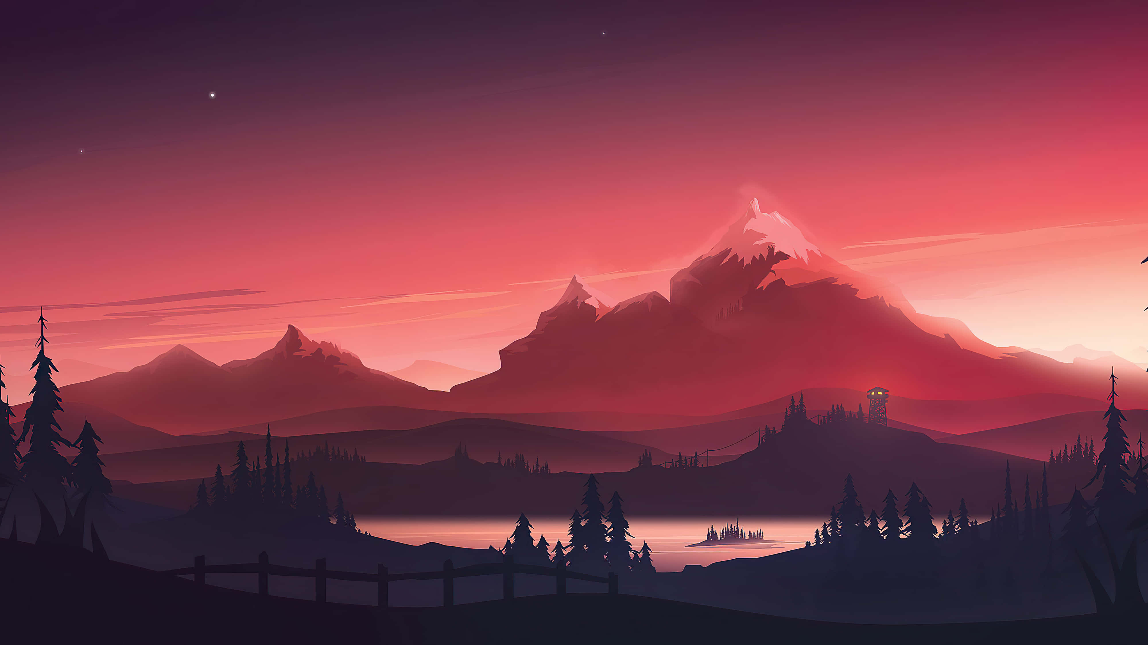 twilight, mountain landscape, silhouetted trees, 4K Desktop Wallpaper