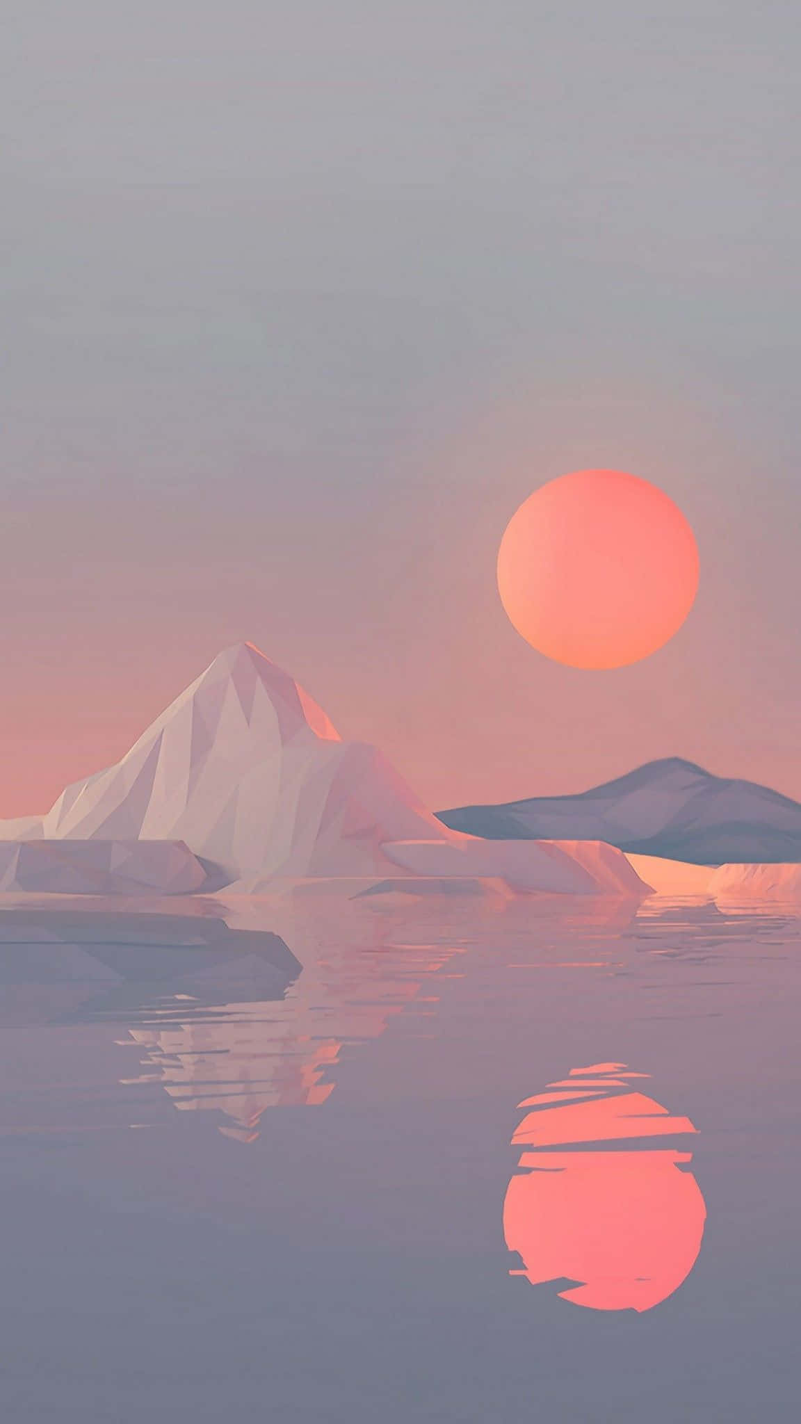 low-poly mountain, calm water, glowing orange sun, Full HD Phone Wallpaper