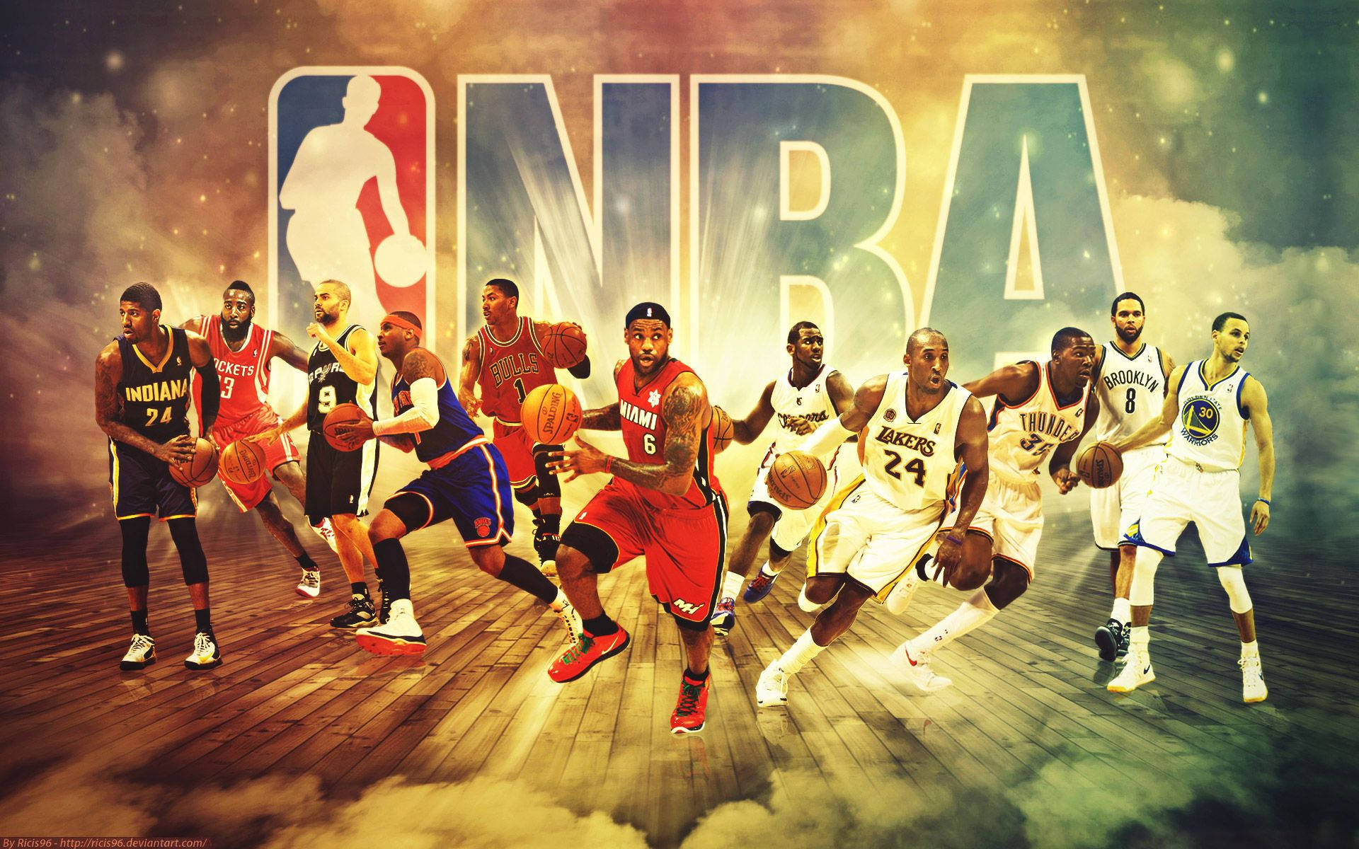 NBA, glowing logo, dynamic basketball players, Full HD Desktop Wallpaper