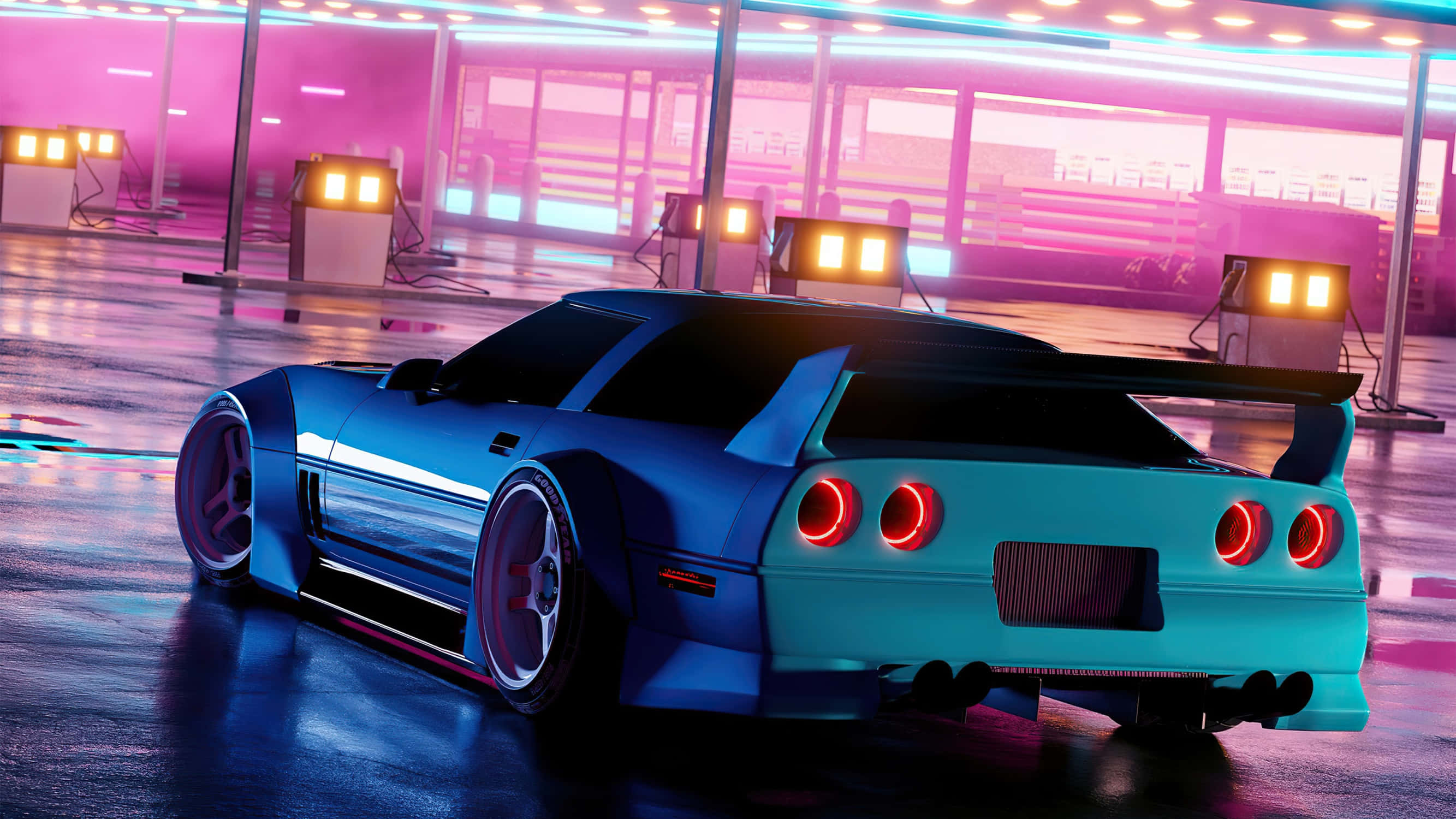 blue sports car, neon-lit futuristic garage, red taillights, 2K Desktop Wallpaper