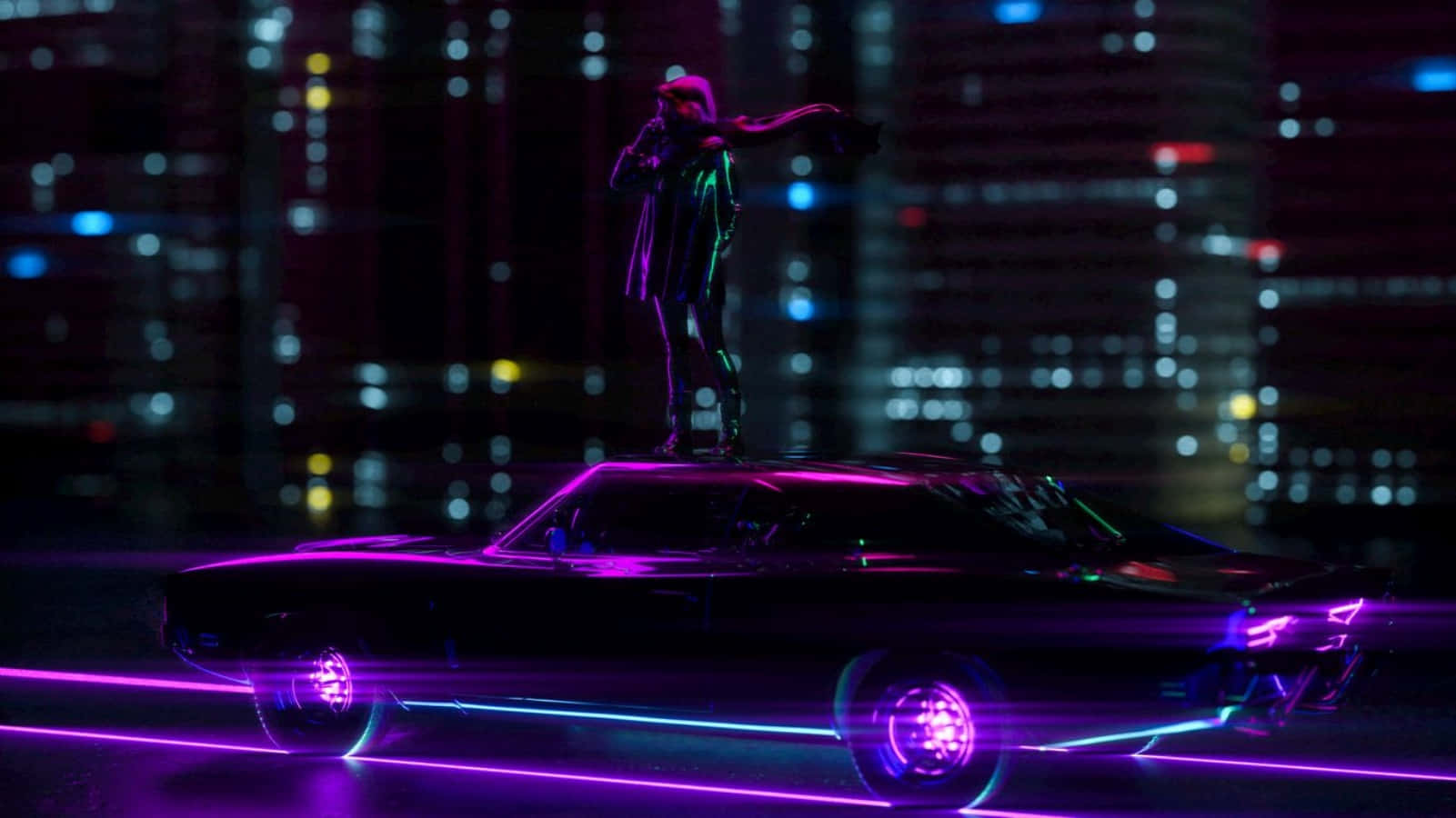 neon-drenched cyberpunk figure, glowing purple muscle car, blurred cityscape, HD Desktop Wallpaper