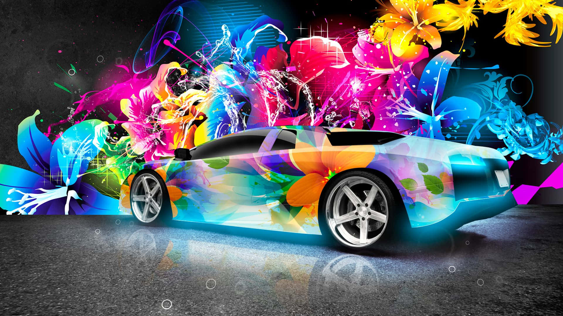 neon floral patterns, glowing abstract energy, sleek sports car, Full HD Desktop Wallpaper