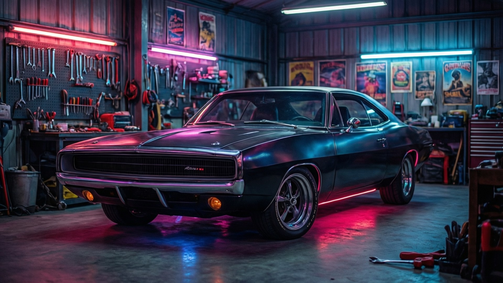 retro neon muscle, neon underglow, retro-futuristic, Full HD Desktop Wallpaper