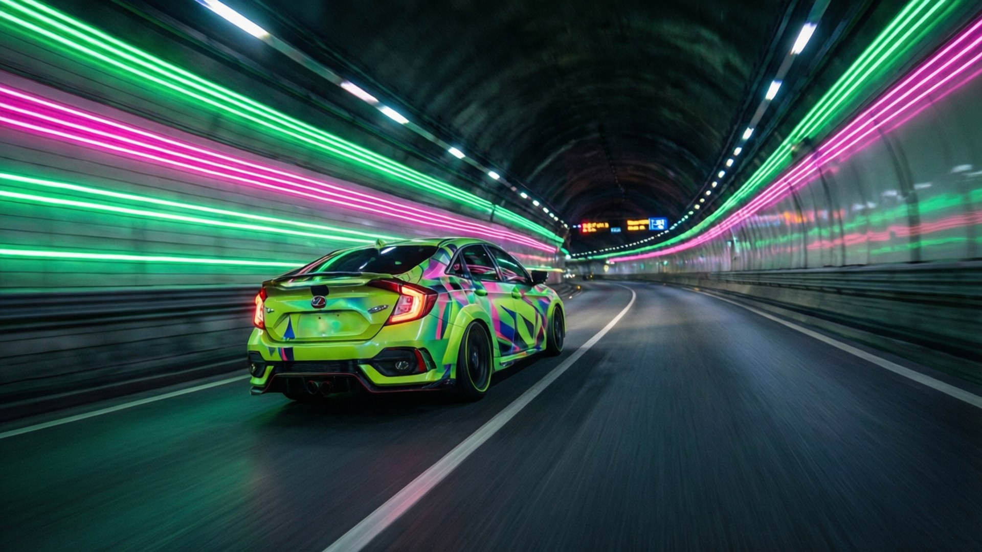 neon car, tunnel, green motion blur, Full HD Desktop Wallpaper