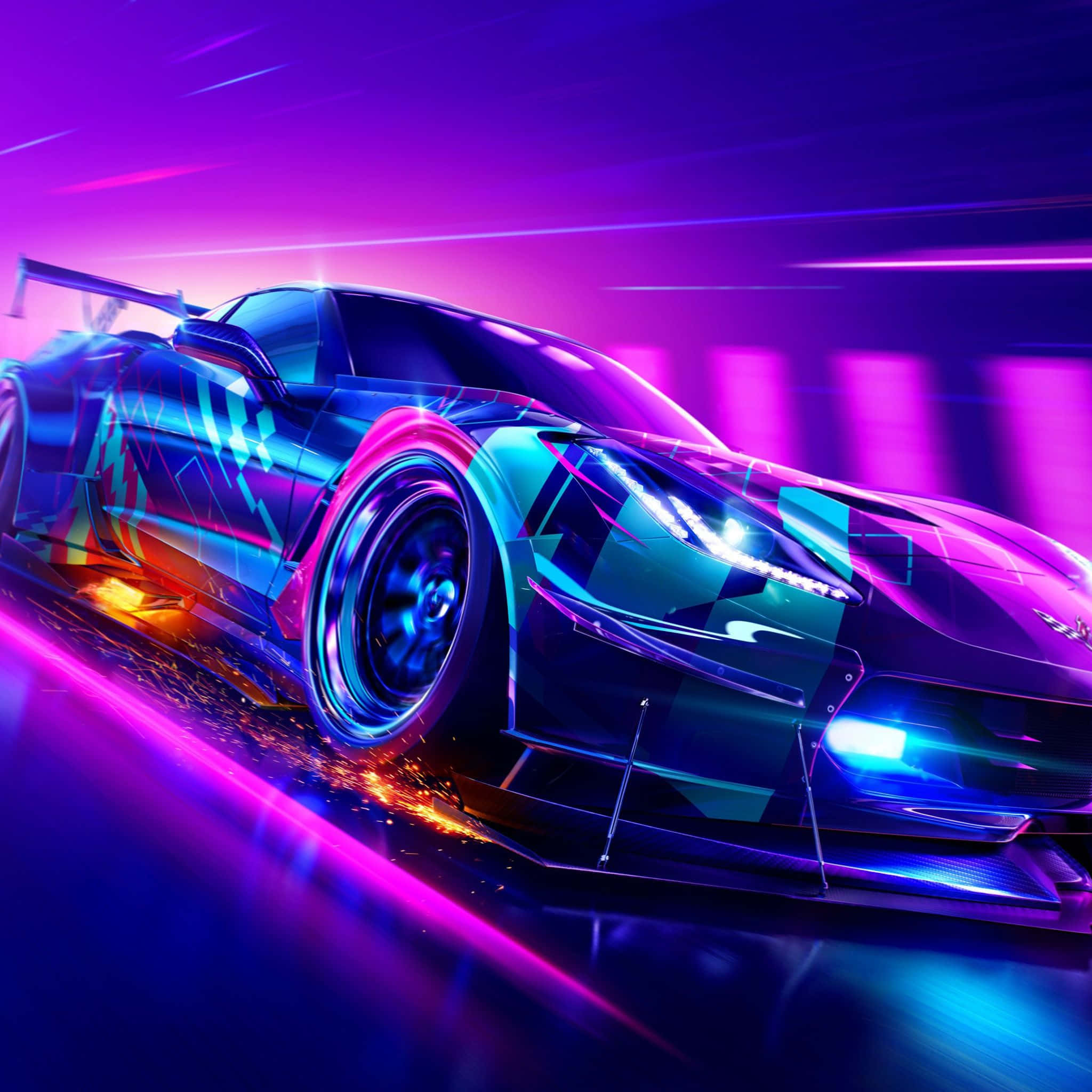futuristic sports car, glowing neon accents, vibrant purple and blue cyberpunk tunnel, Full HD Desktop Wallpaper