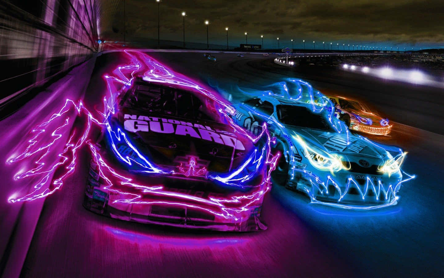 Neon-lit race cars, night track, electric purple, HD Desktop Wallpaper