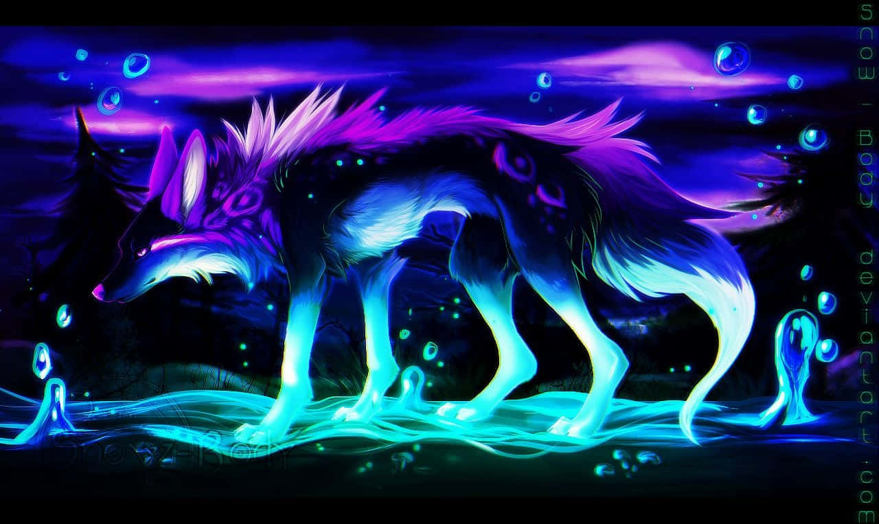 neon wolf, purple and blue fur, dark forest, HD Desktop Wallpaper