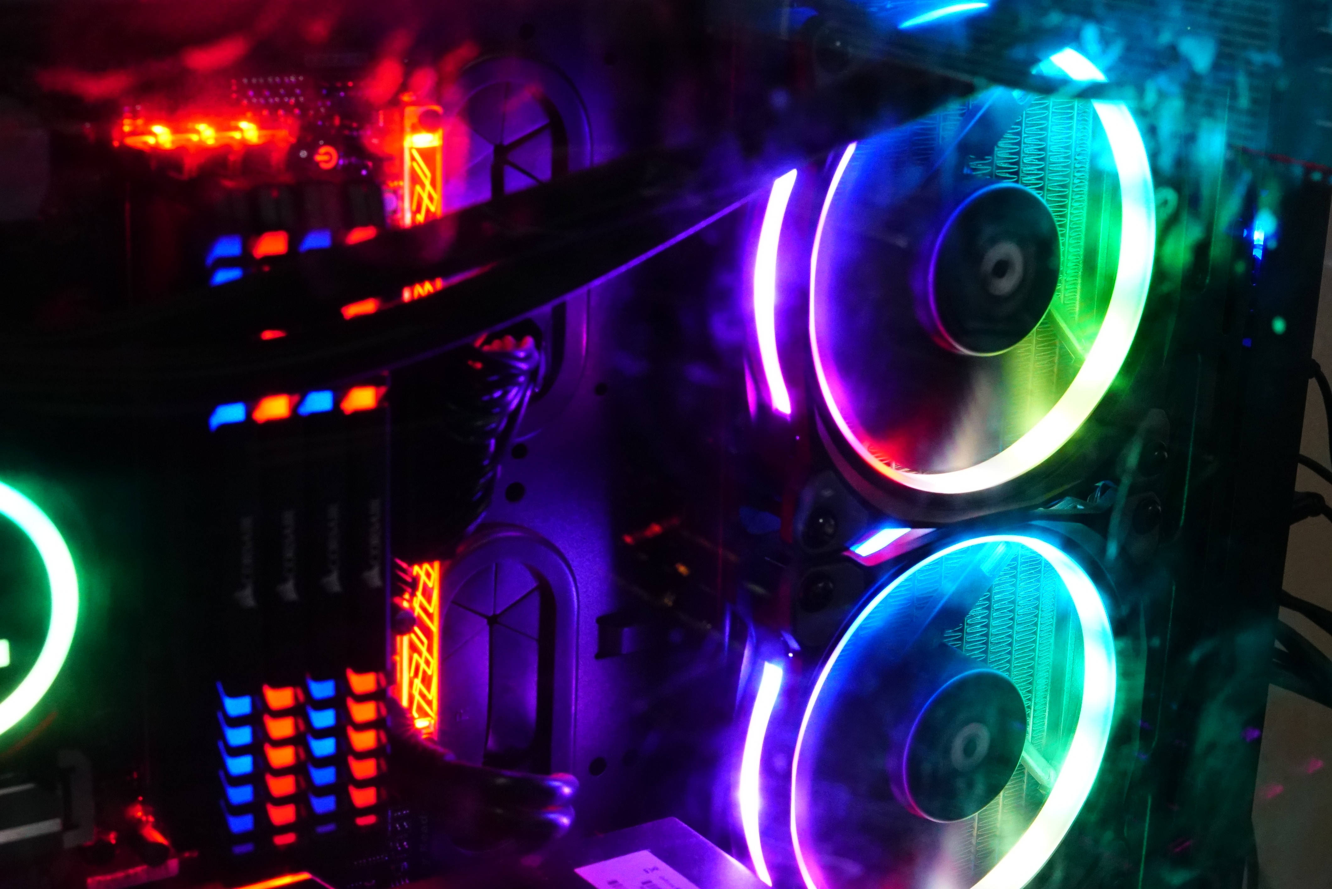 neon backlights, RGB fans, illuminated components, 4K Desktop Wallpaper