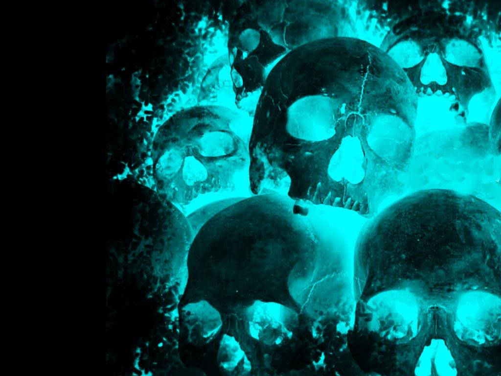 neon blue skeletons, glowing turquoise skulls, ice, SD Desktop Wallpaper