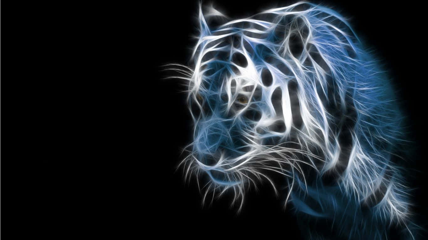 Neon Animal White Tiger Head Artwork, glowing blue and white, electric hair-like strands, HD Desktop Wallpaper