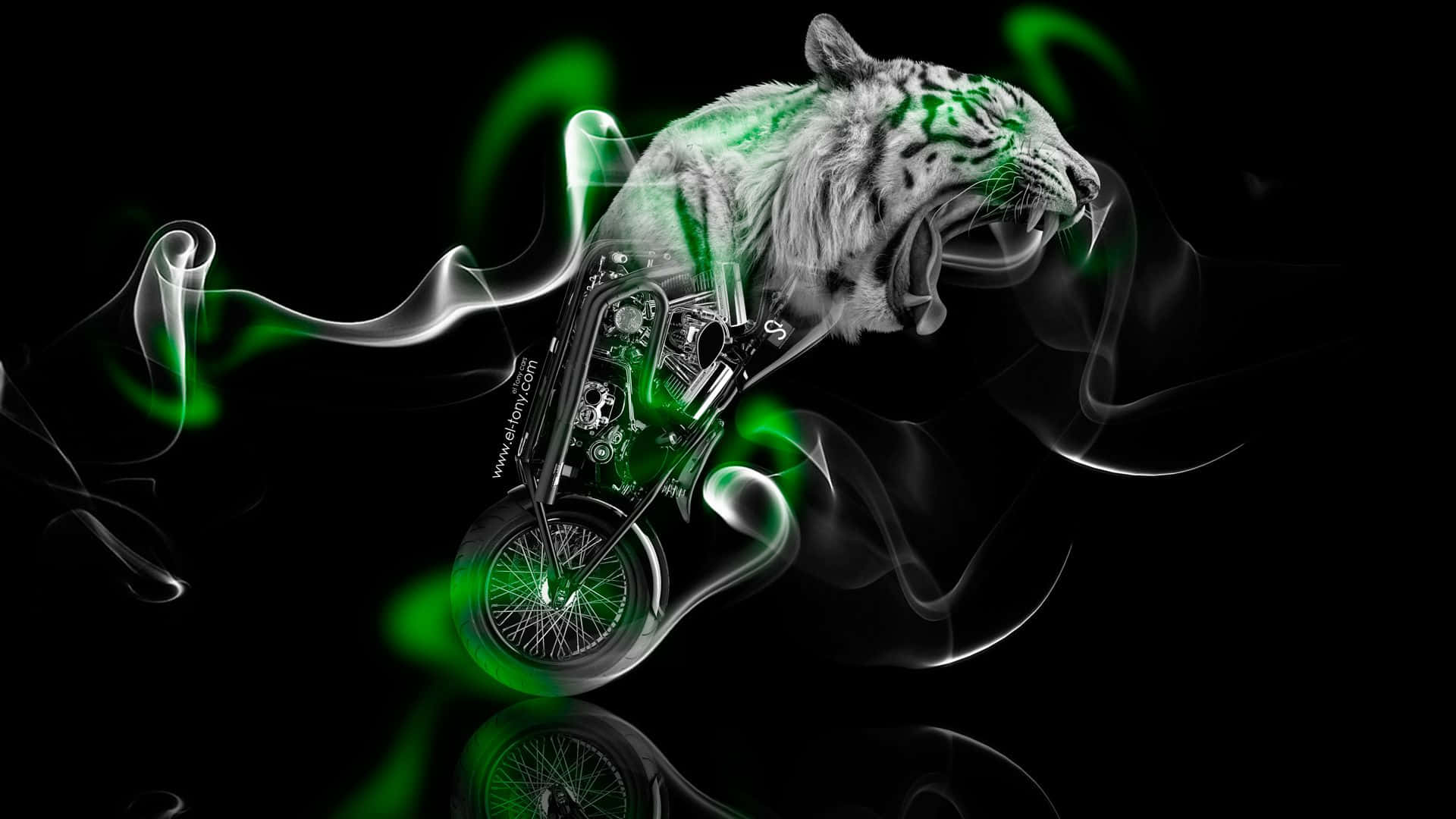 neon animals, white tiger, glowing green accents, Full HD Desktop Wallpaper