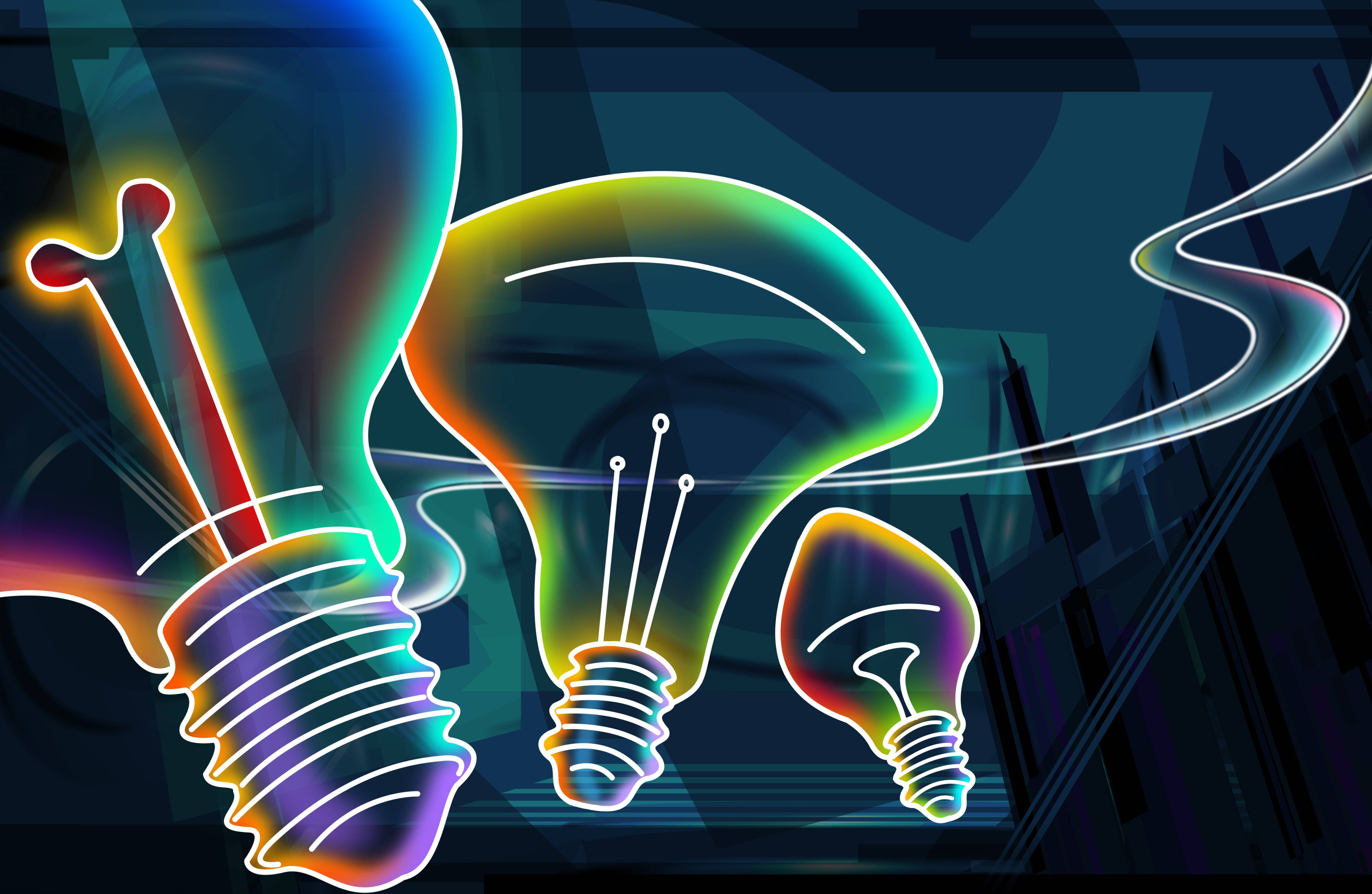 Cool Neon Light Bulb, neon light bulbs, rainbow gradients, 5K Desktop Wallpaper