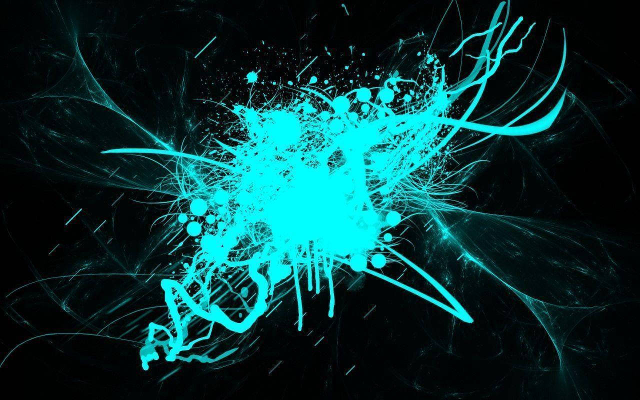 cyan, neon, paint splatters, HD Desktop Wallpaper