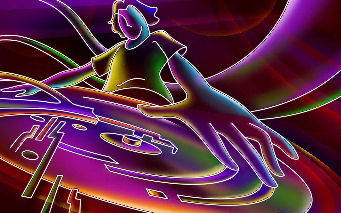 3D DJ Neon Art, neon-lit, glowing turntables, HD Desktop Wallpaper