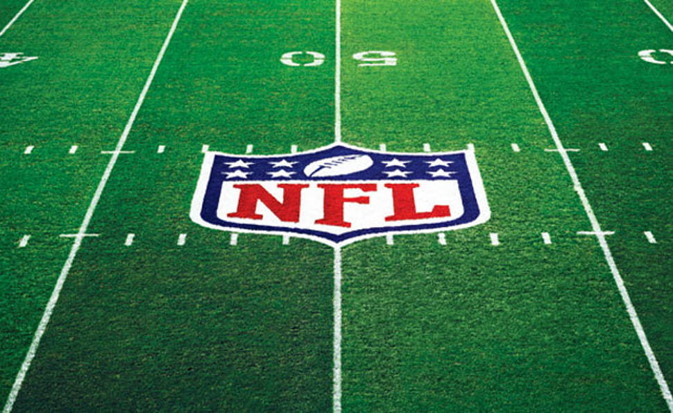 NFL logo, vibrant green football field, crisp white yard lines, SD Desktop Wallpaper