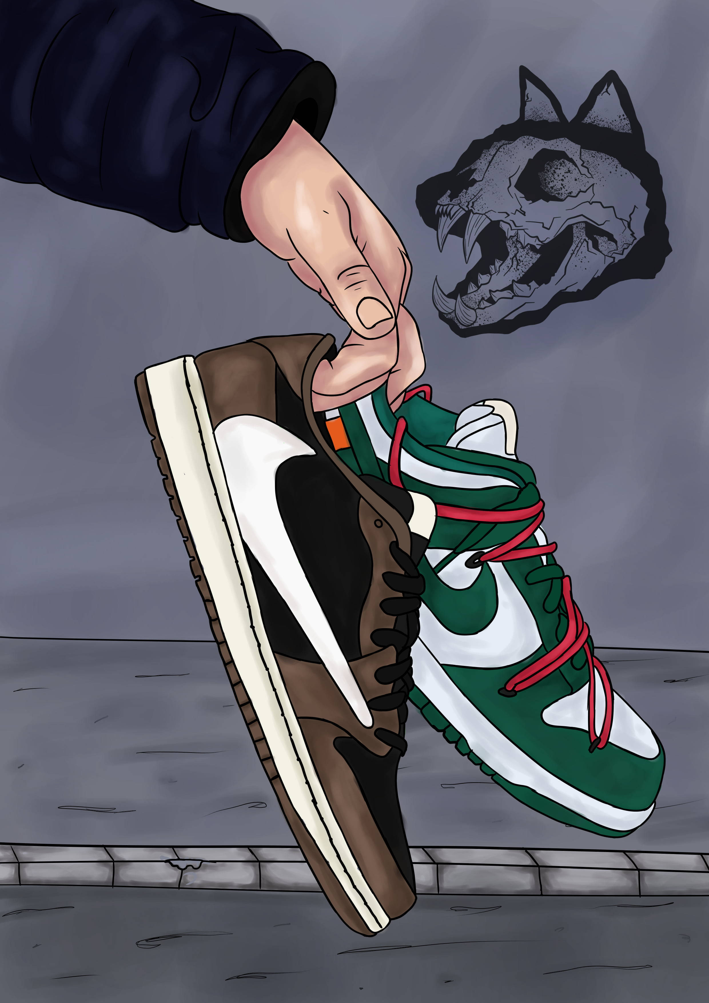 Nike, brown and green Nike cartoon shoe, gray wall, 2K Phone Wallpaper