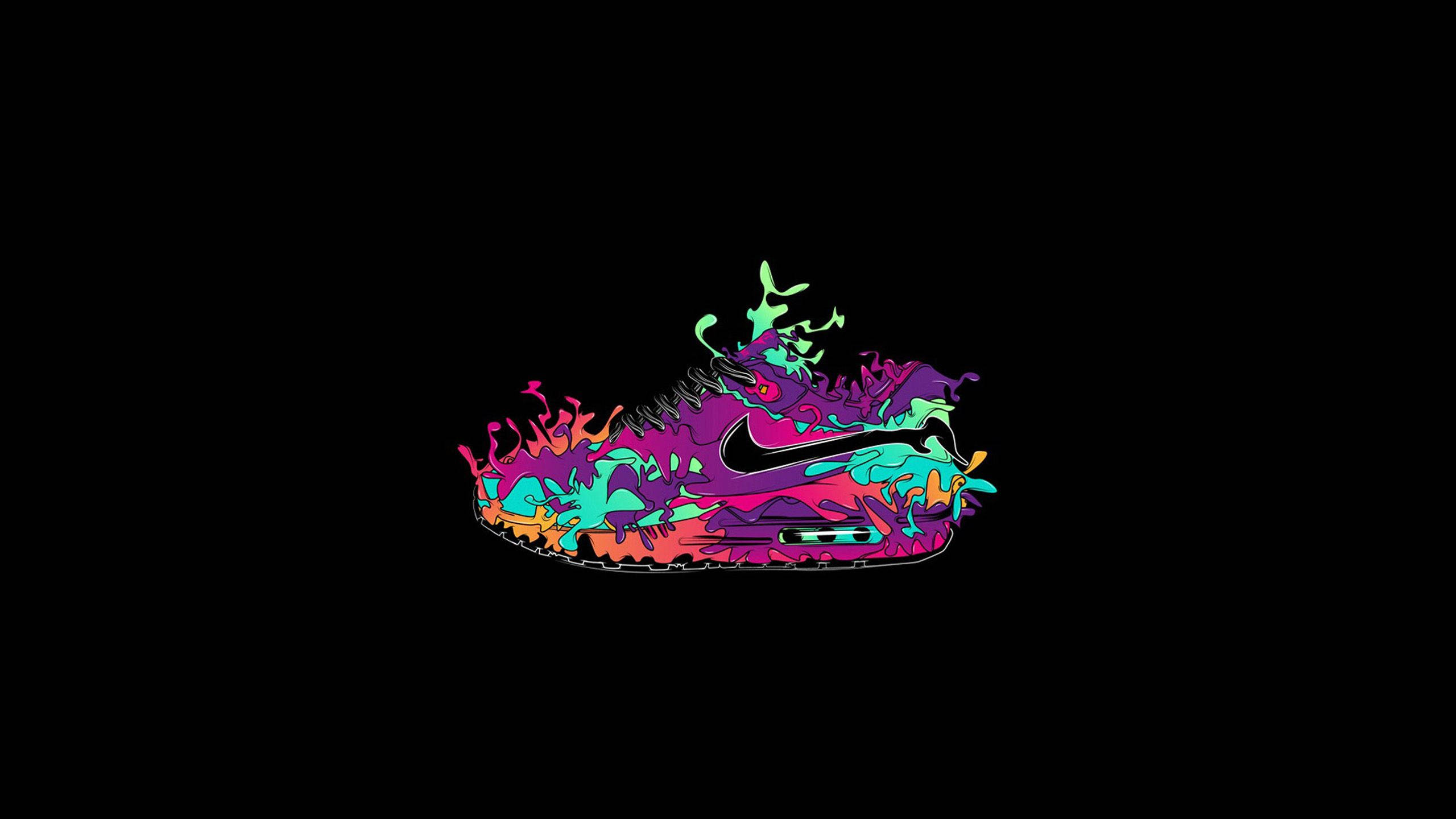 Nike, neon splatter design, black background, 2K Desktop Wallpaper