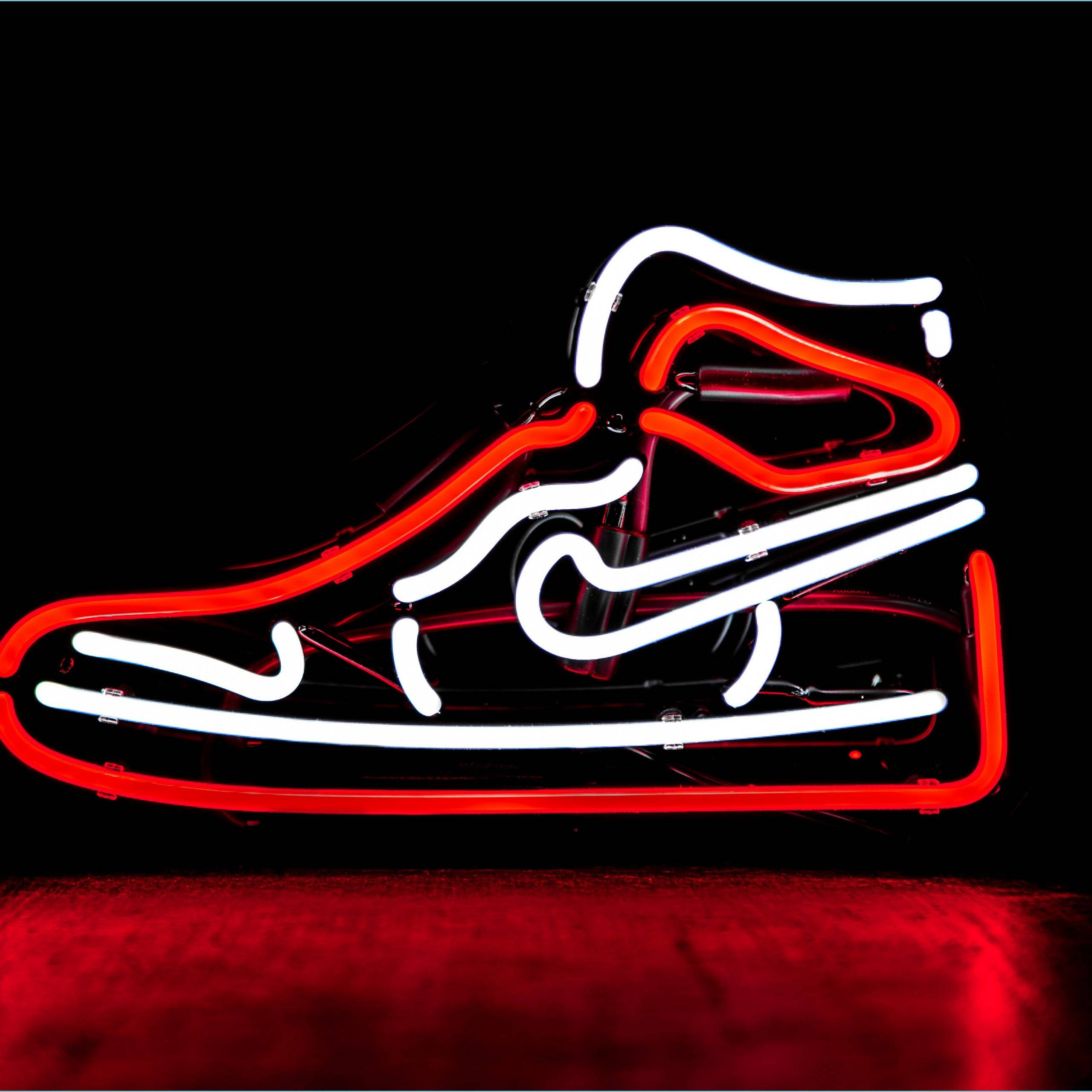 cool Nike shoe, glowing red and white neon sign, high-top sneaker, 2K Desktop Wallpaper