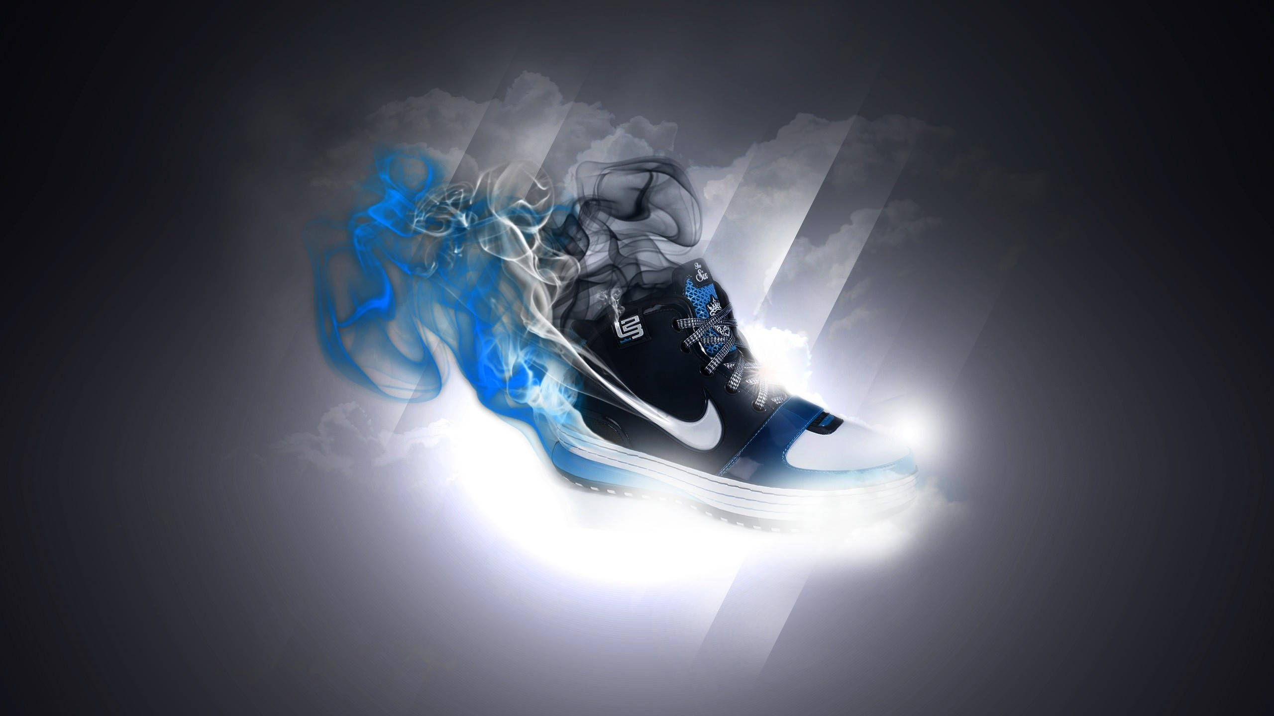 Cool Nike Shoe, glowing blue and white sneaker, electric smoke, 2K Desktop Wallpaper